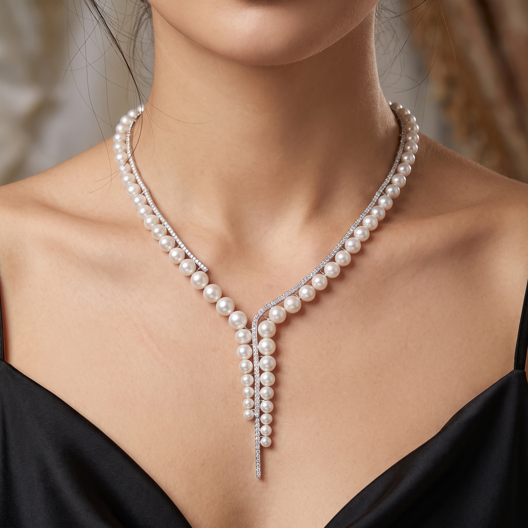 Natural Diamond & South Sea Pearl Necklace | 18K White Gold | 2.90 CT Natural Diamonds Secondary image