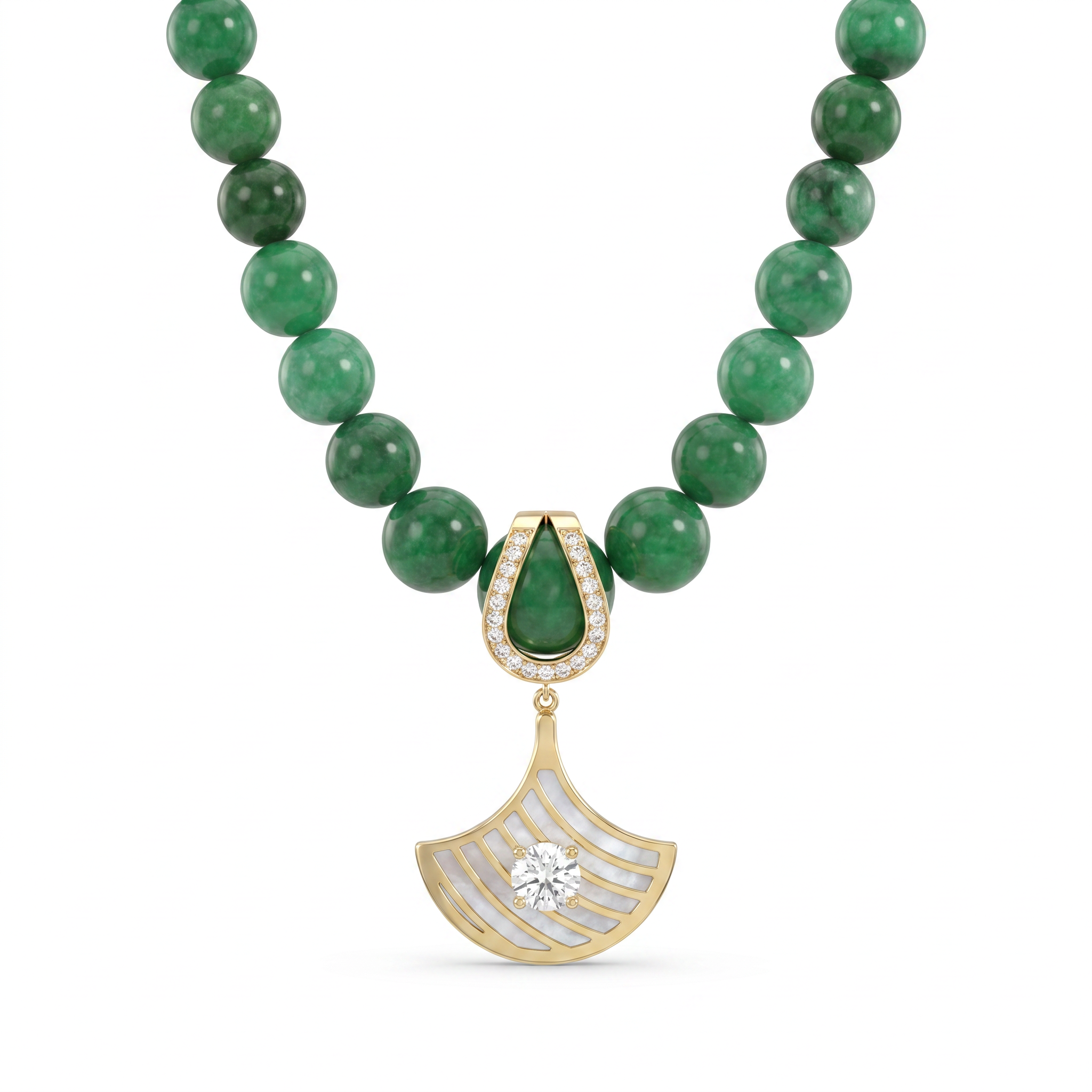 Natural Jade Bead Necklace with Diamond Pendant | 18K Yellow Gold | 1.00 CT Natural Diamonds Main image