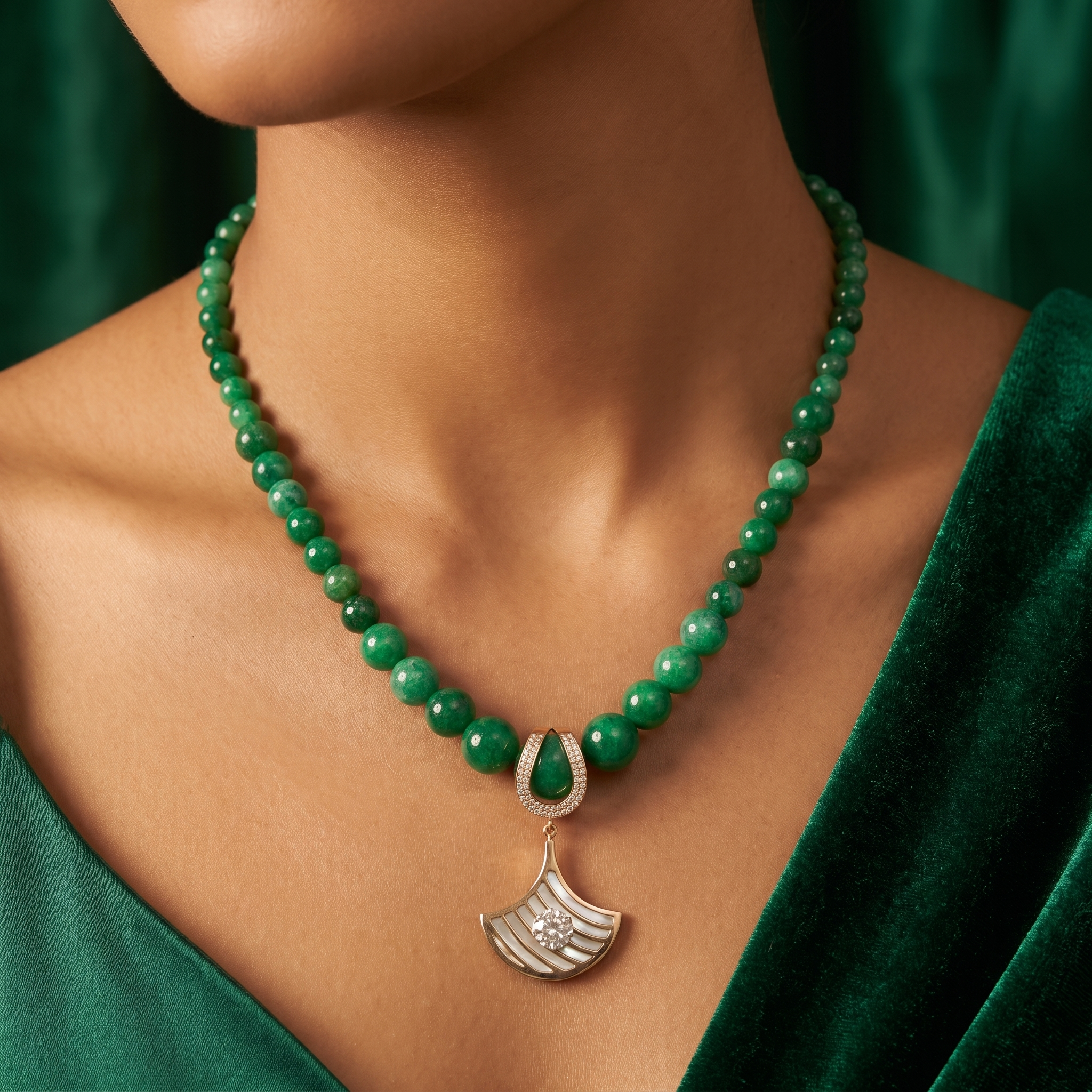 Natural Jade Bead Necklace with Diamond Pendant | 18K Yellow Gold | 1.00 CT Natural Diamonds Secondary image