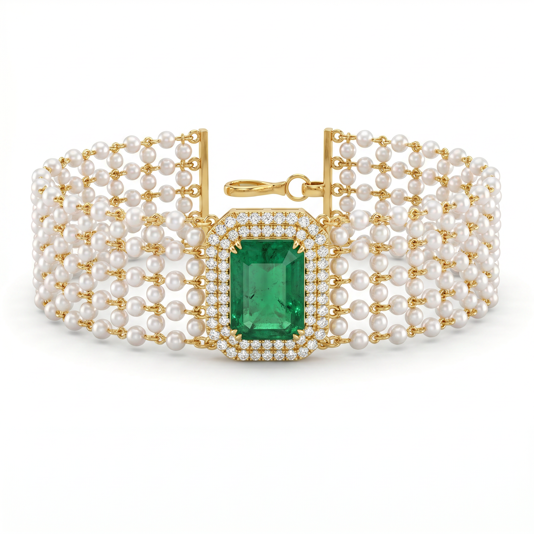Natural Emerald, Diamond & Pearl Multi-Strand Bracelet | 18K Yellow Gold | 6.52 CT Emerald | 1.00 CT Natural Diamonds | IGI Certified