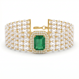 Natural Emerald, Diamond & Pearl Multi-Strand Bracelet | 18K Yellow Gold | 6.52 CT Emerald | 1.00 CT Natural Diamonds | IGI Certified