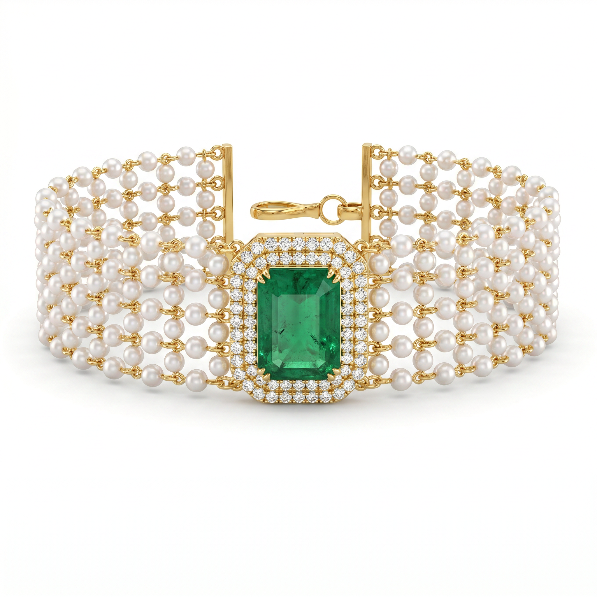 Natural Emerald, Diamond & Pearl Multi-Strand Bracelet | 18K Yellow Gold | 6.52 CT Emerald | 1.00 CT Natural Diamonds | IGI Certified