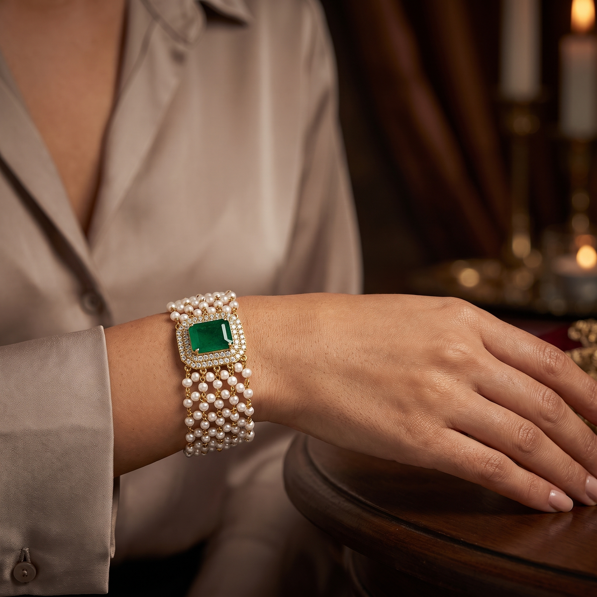 Natural Emerald, Diamond & Pearl Multi-Strand Bracelet | 18K Yellow Gold | 6.52 CT Emerald | 1.00 CT Natural Diamonds | IGI Certified