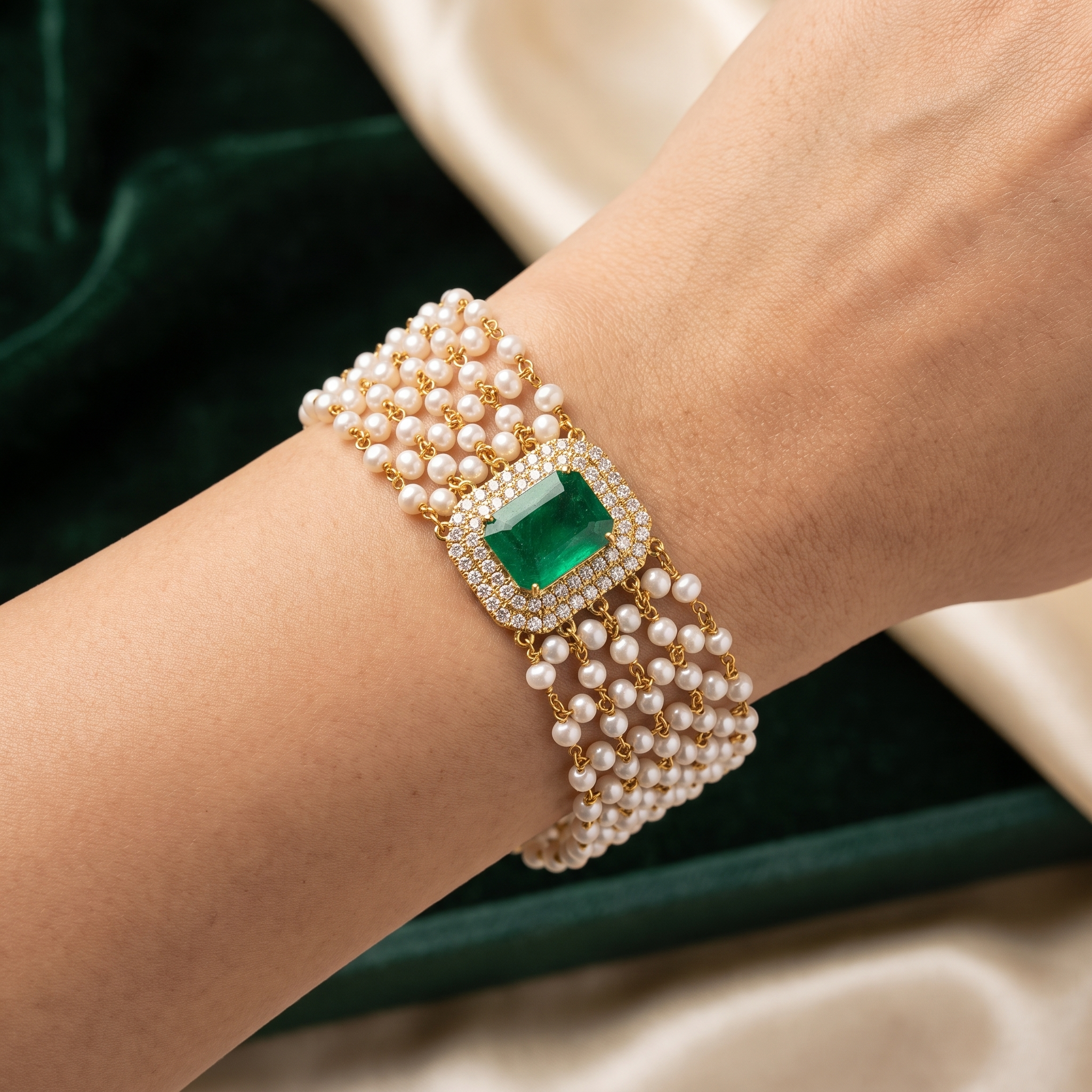Natural Emerald, Diamond & Pearl Multi-Strand Bracelet | 18K Yellow Gold | 6.52 CT Emerald | 1.00 CT Natural Diamonds | IGI Certified Secondary image