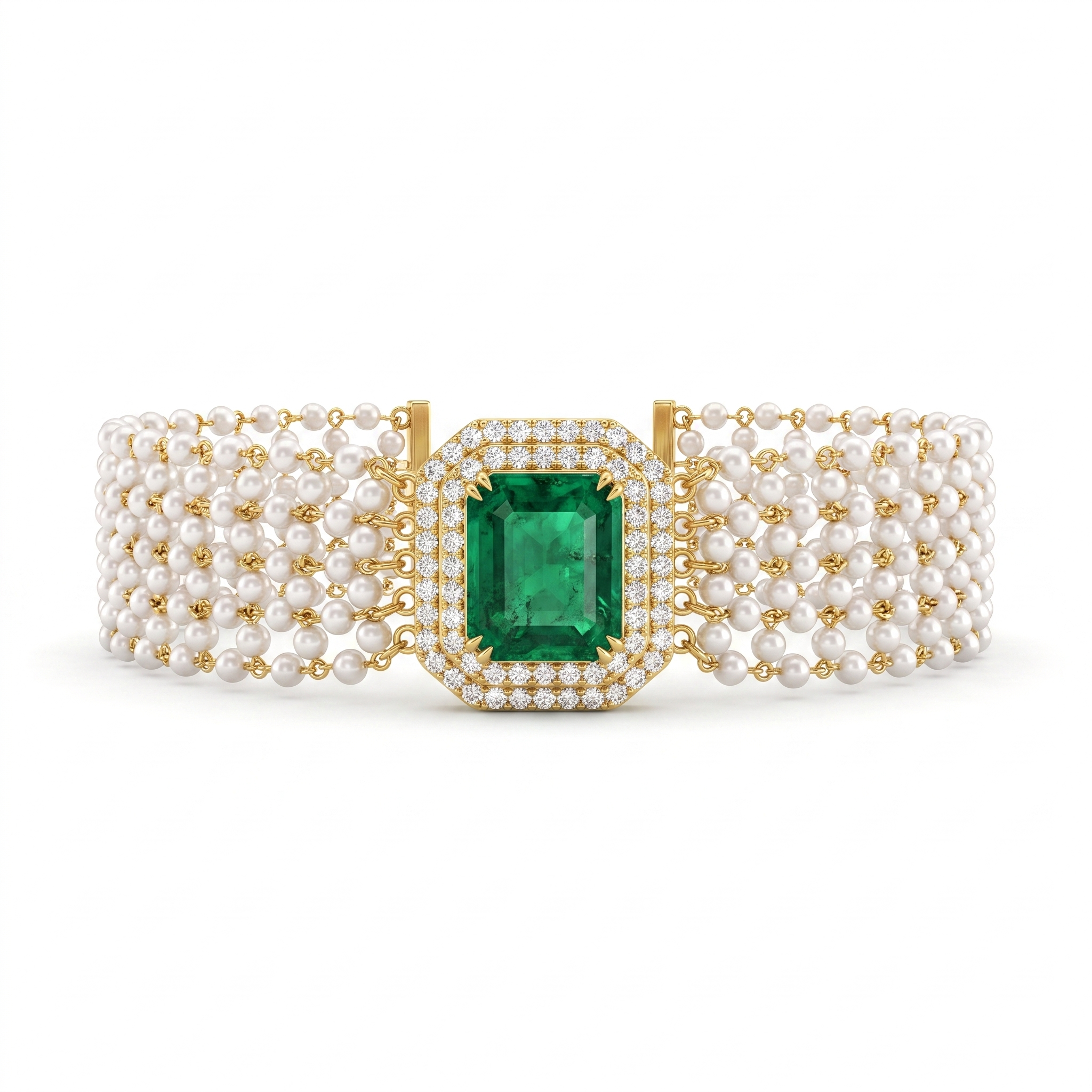 Natural Emerald, Diamond & Pearl Multi-Strand Bracelet | 18K Yellow Gold | 11.53 CT Natural Diamonds | Emerald Centre | Fine Jewelry Main image