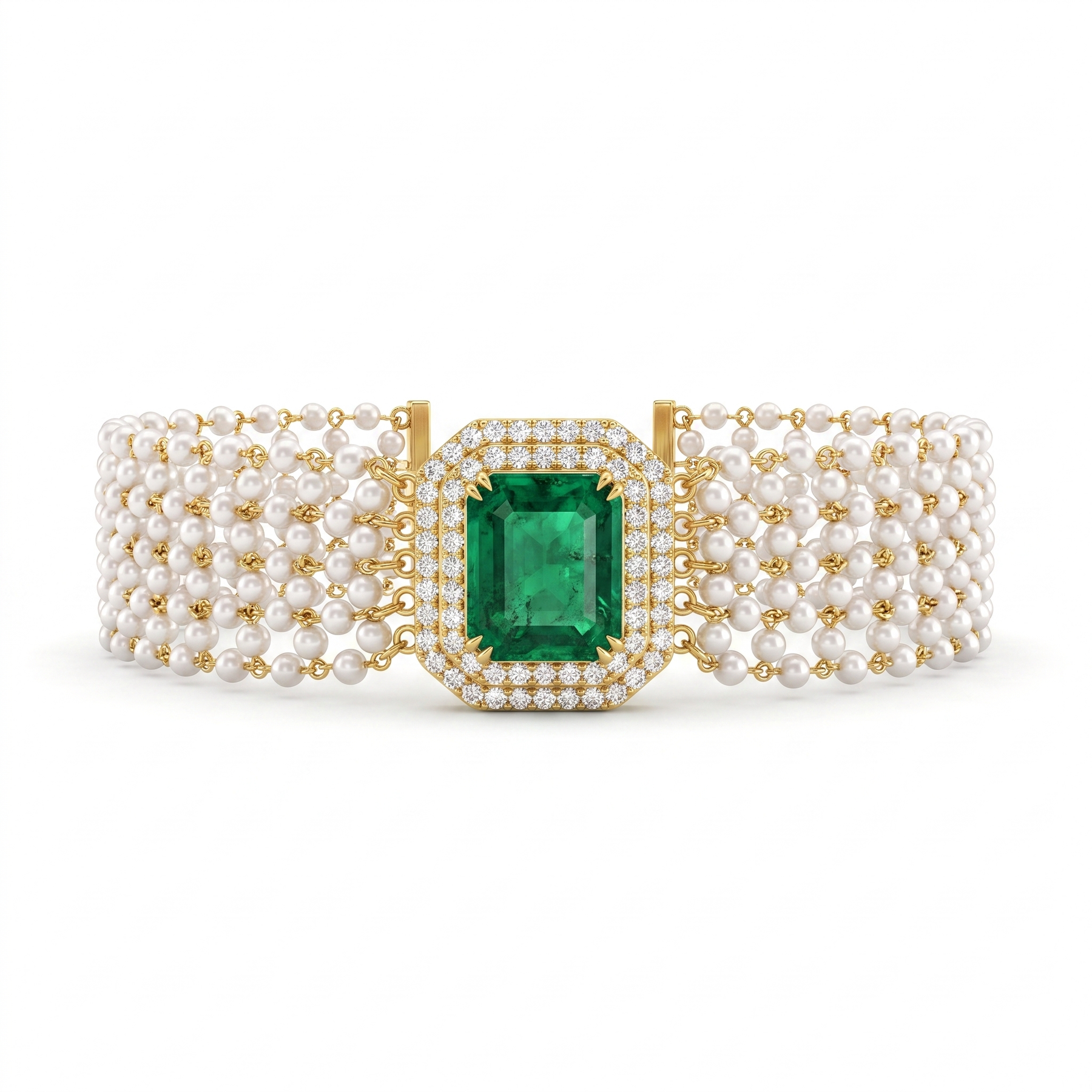 Natural Emerald, Diamond & Pearl Multi-Strand Bracelet | 18K Yellow Gold | 11.53 CT Natural Diamonds | Emerald Centre | Fine Jewelry