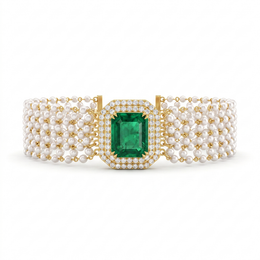 Natural Emerald, Diamond & Pearl Multi-Strand Bracelet | 18K Yellow Gold | 11.53 CT Natural Diamonds | Emerald Centre | Fine Jewelry
