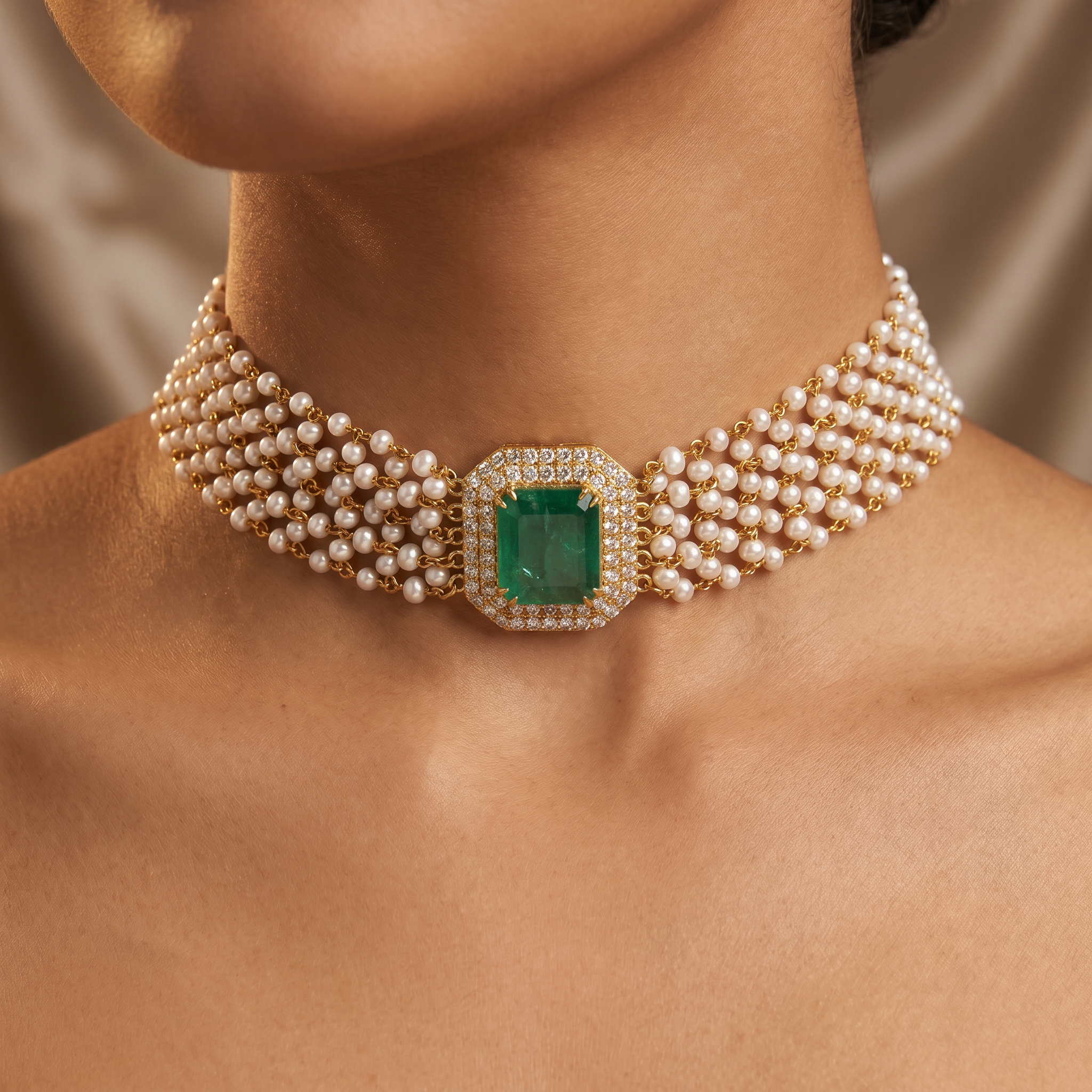Natural Emerald, Diamond & Pearl Multi-Strand Bracelet | 18K Yellow Gold | 11.53 CT Natural Diamonds | Emerald Centre | Fine Jewelry Secondary image