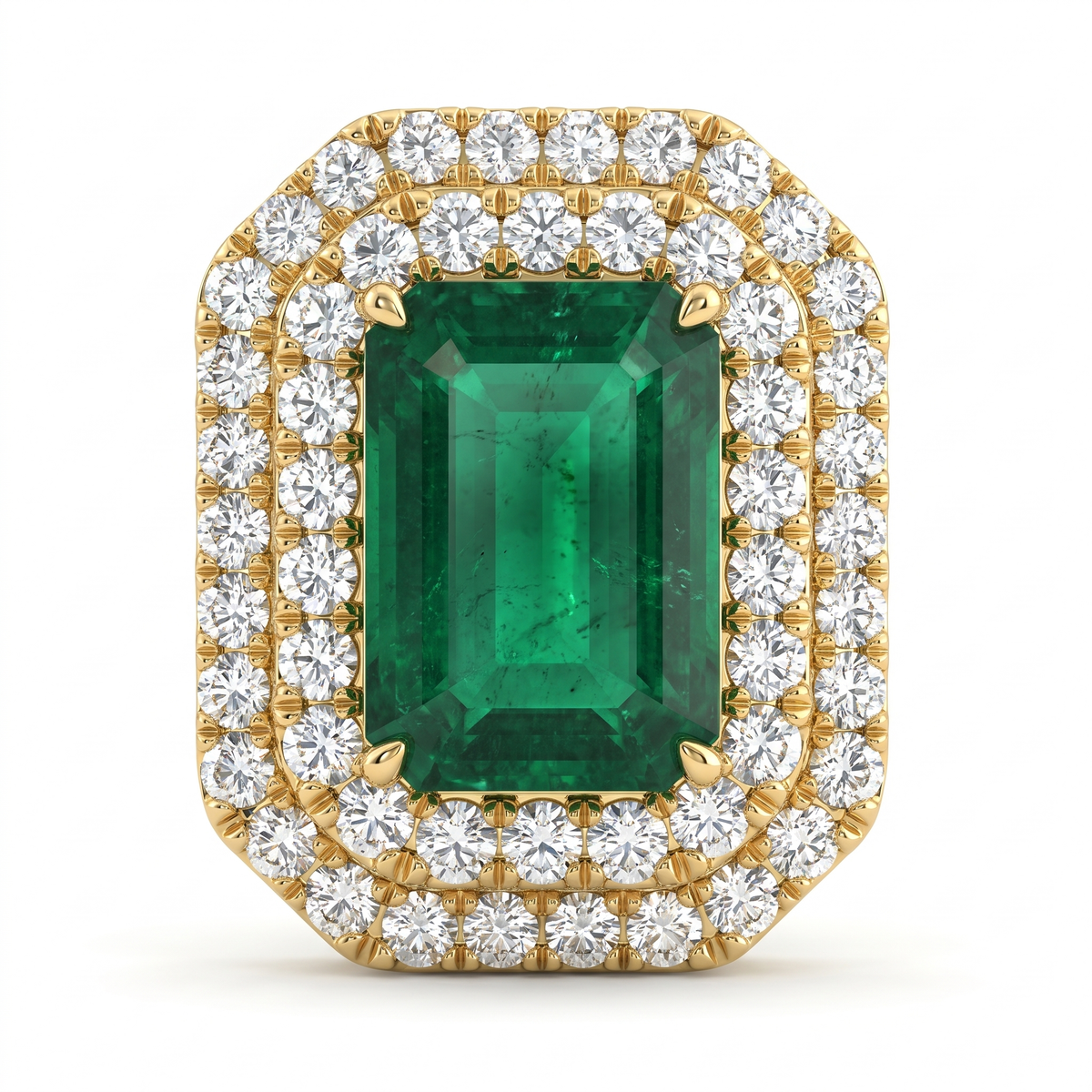 Natural Emerald & Diamond Halo Stud Earrings | 18K Yellow Gold | 6.37 CT Natural Emerald | 1.50 CT Natural Diamonds | IGI Certified