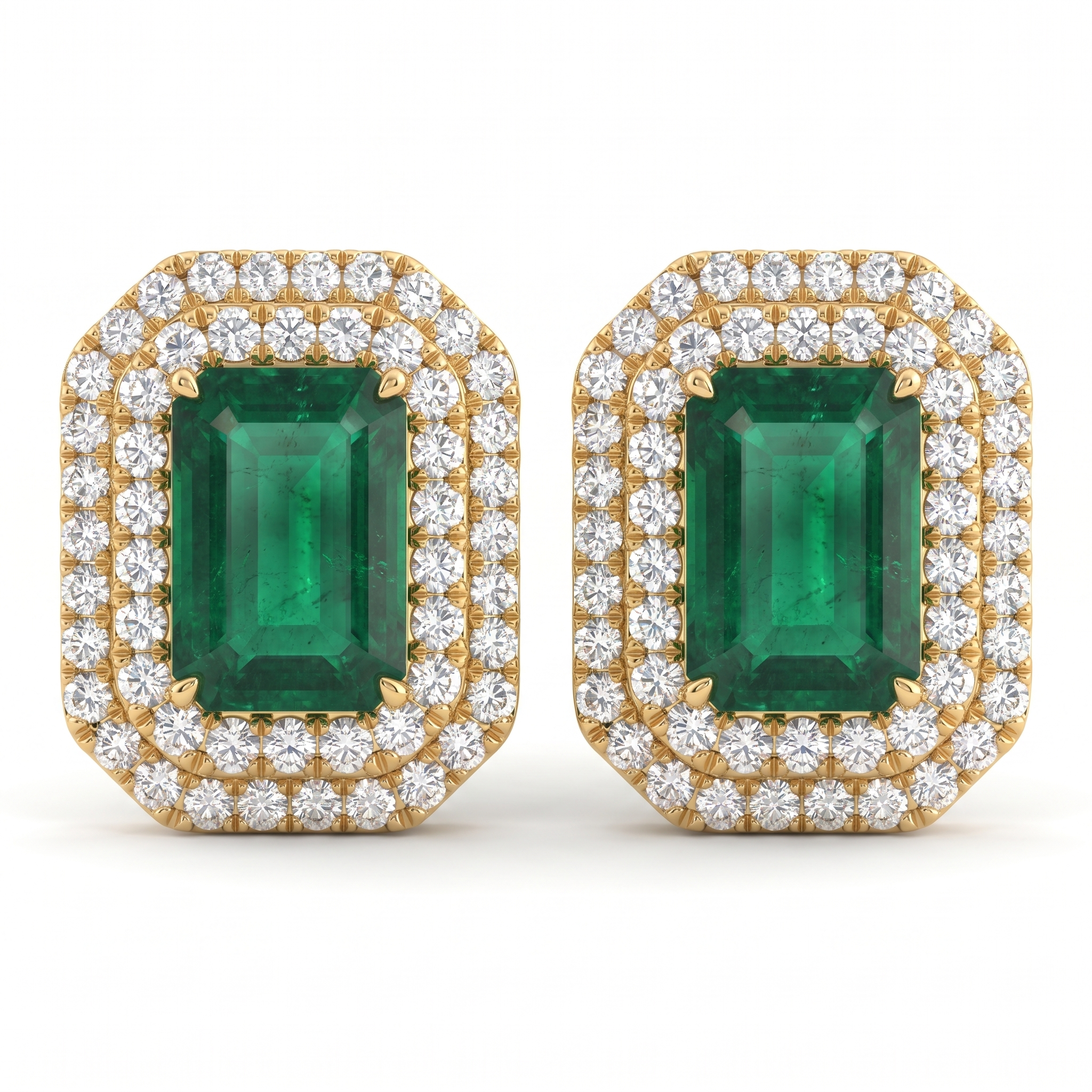 Natural Emerald & Diamond Halo Stud Earrings | 18K Yellow Gold | 6.37 CT Natural Emerald | 1.50 CT Natural Diamonds | IGI Certified Main image
