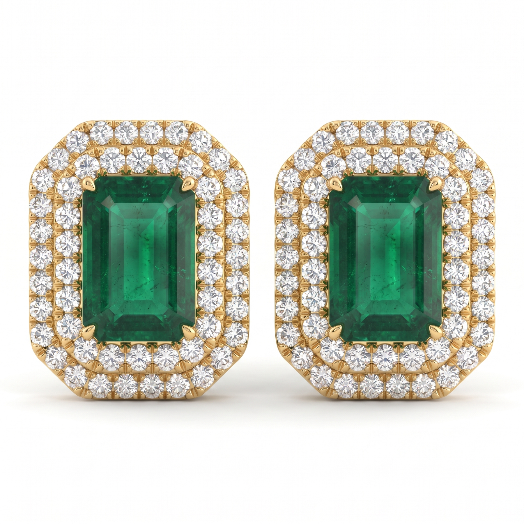 Natural Emerald & Diamond Halo Stud Earrings | 18K Yellow Gold | 6.37 CT Natural Emerald | 1.50 CT Natural Diamonds | IGI Certified