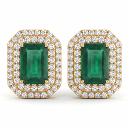 Natural Emerald & Diamond Halo Stud Earrings | 18K Yellow Gold | 6.37 CT Natural Emerald | 1.50 CT Natural Diamonds | IGI Certified