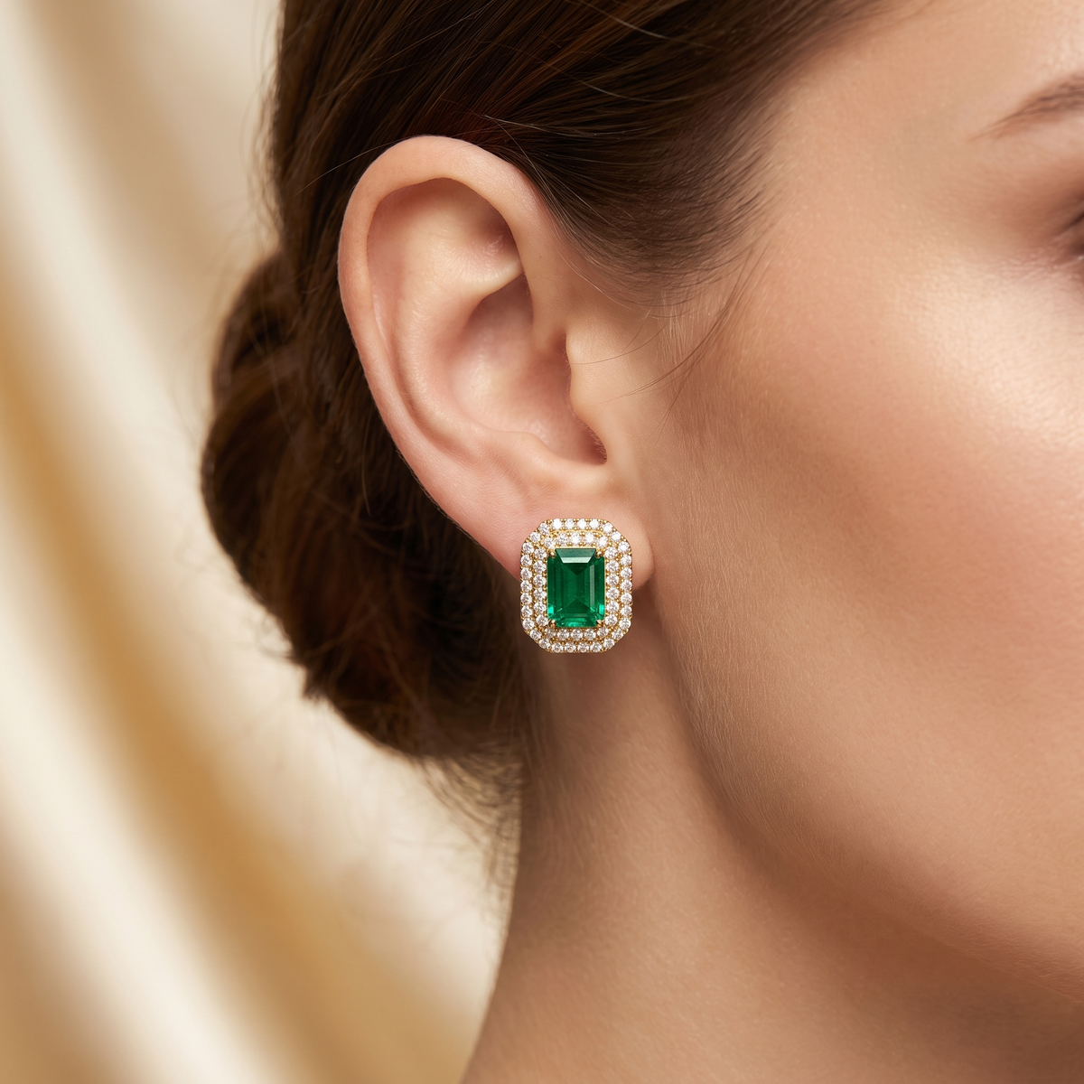 Natural Emerald & Diamond Halo Stud Earrings | 18K Yellow Gold | 6.37 CT Natural Emerald | 1.50 CT Natural Diamonds | IGI Certified