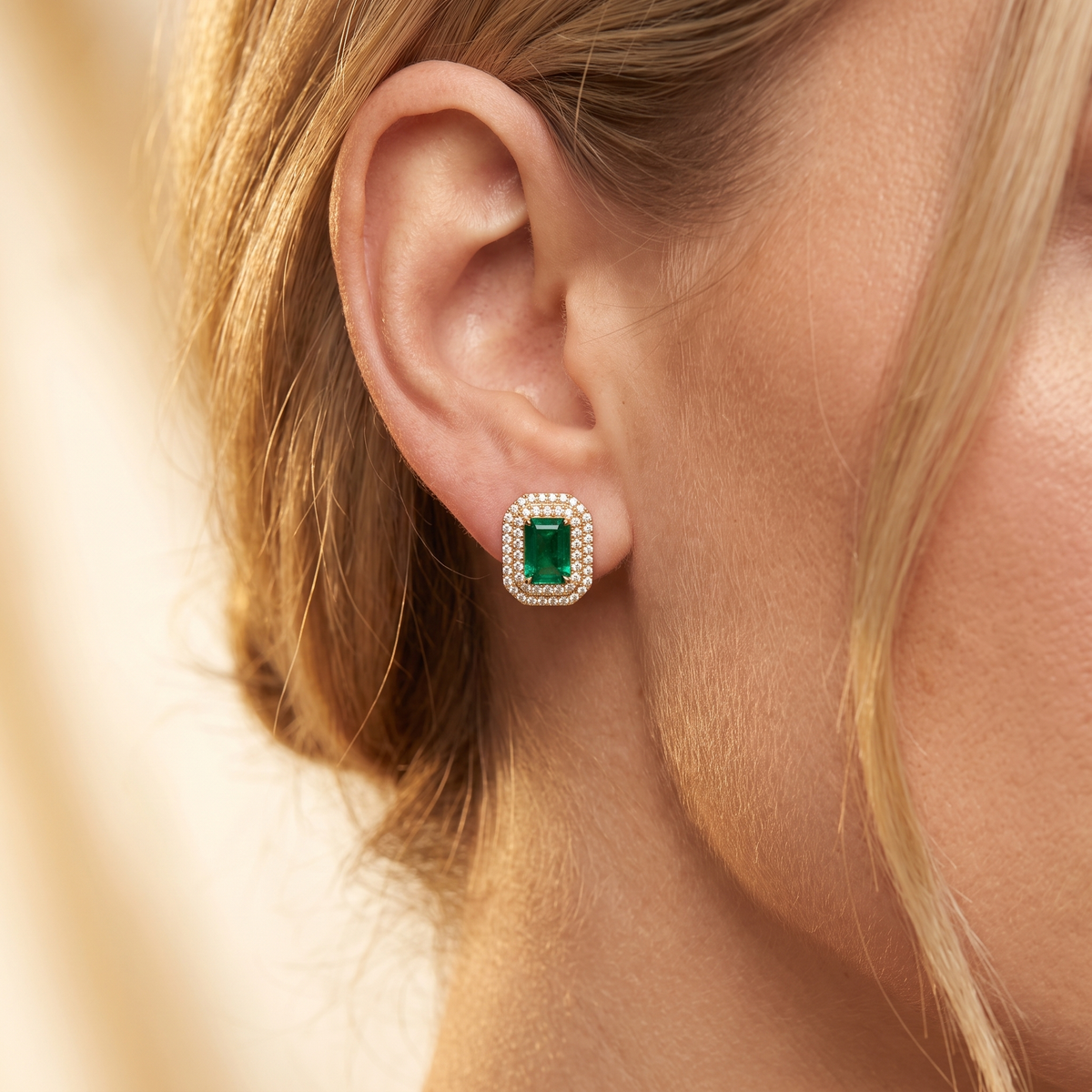 Natural Emerald & Diamond Halo Stud Earrings | 18K Yellow Gold | 6.37 CT Natural Emerald | 1.50 CT Natural Diamonds | IGI Certified