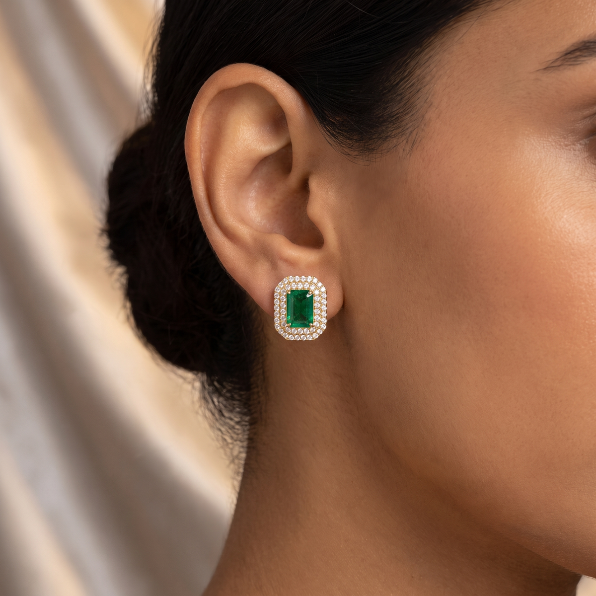 Natural Emerald & Diamond Halo Stud Earrings | 18K Yellow Gold | 6.37 CT Natural Emerald | 1.50 CT Natural Diamonds | IGI Certified