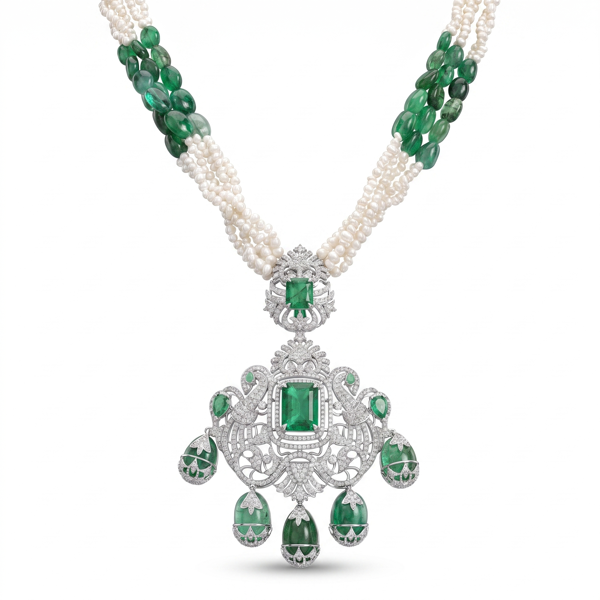 Natural Emerald, Pearl & Diamond Statement Necklace | 18K White Gold | 5.67 CT Natural Diamonds Main image