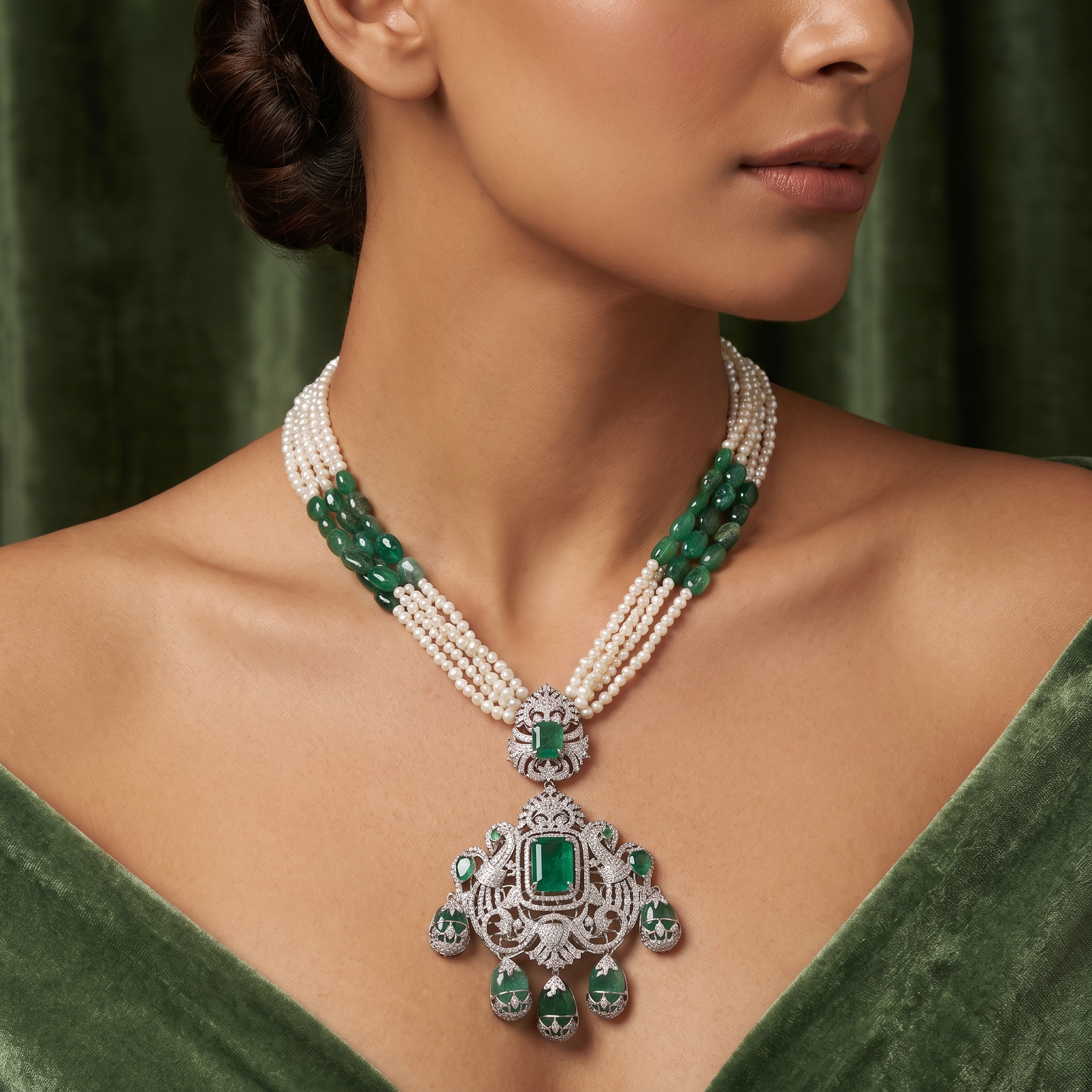 Natural Emerald, Pearl & Diamond Statement Necklace | 18K White Gold | 5.67 CT Natural Diamonds Secondary image