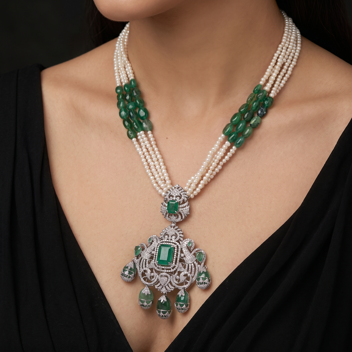 Natural Emerald, Pearl & Diamond Statement Necklace | 18K White Gold | 5.67 CT Natural Diamonds
