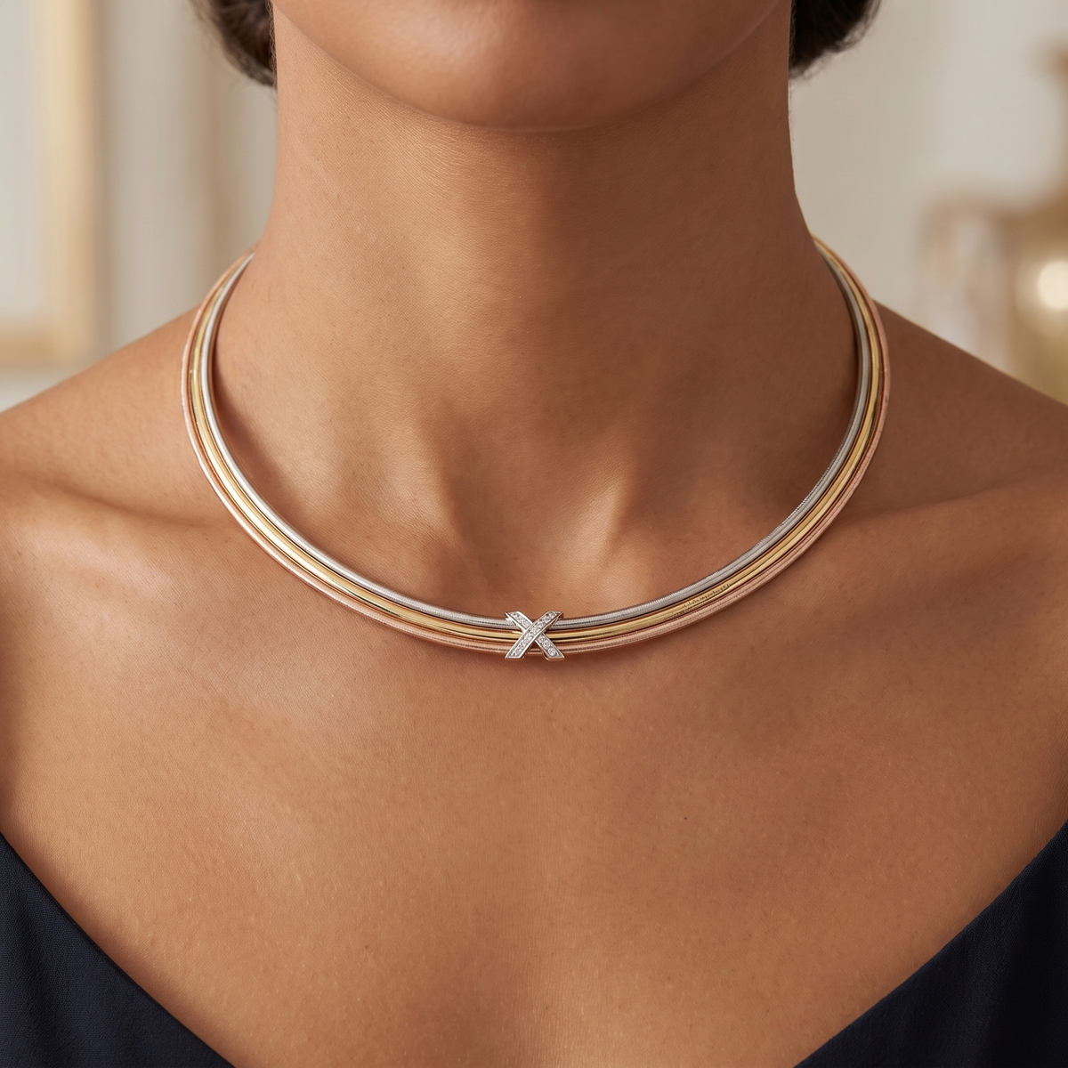 Natural Diamond Three-Tone Omega Necklace in 18K Gold | 0.15 CT Natural Diamonds