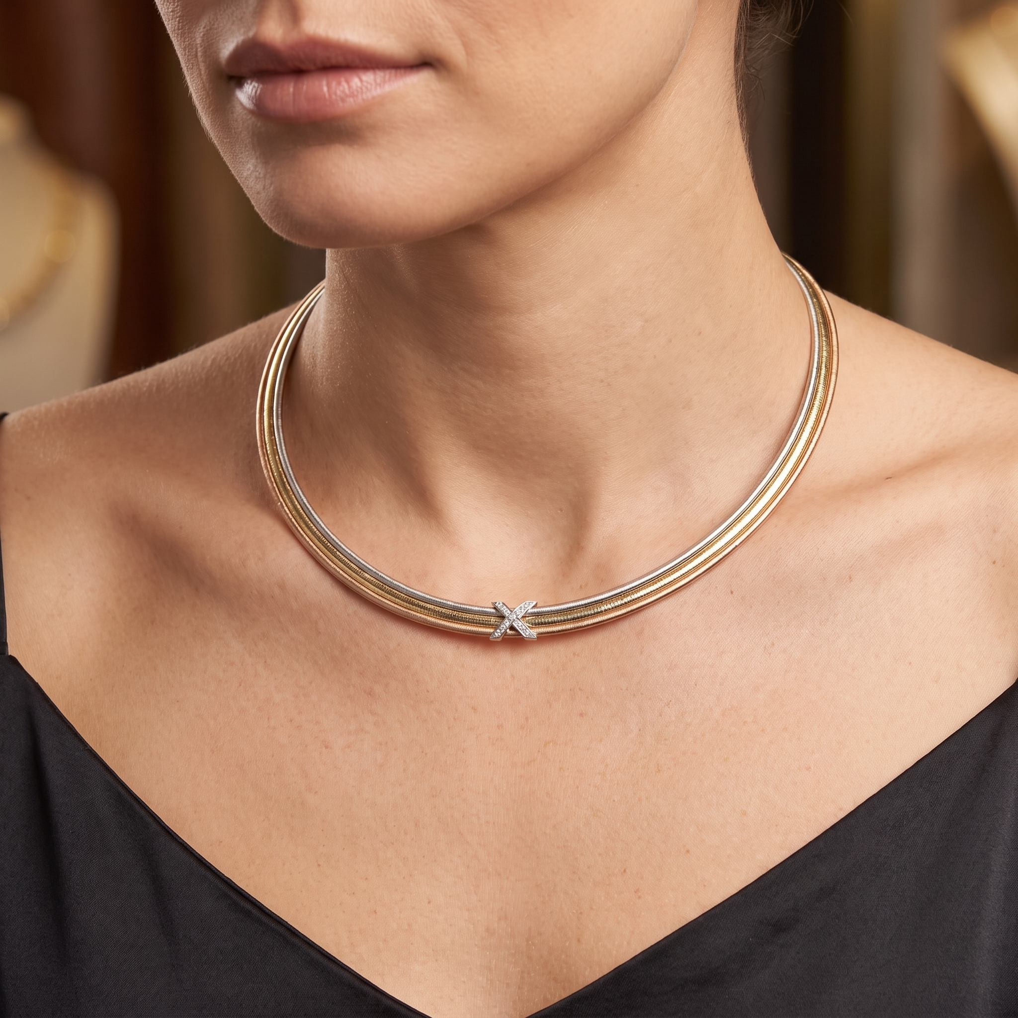 Natural Diamond Three-Tone Omega Necklace in 18K Gold | 0.15 CT Natural Diamonds Secondary image