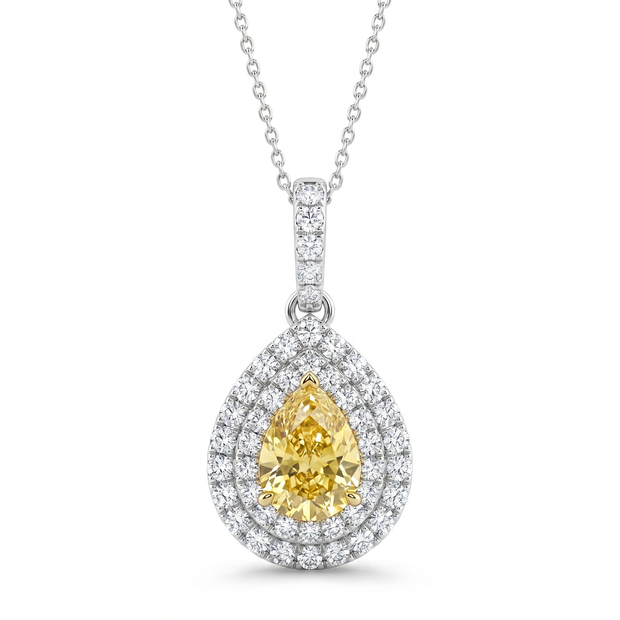 Natural Yellow Sapphire & Diamond Halo Pendant in 18K White Gold | 2.15 CT Yellow Sapphire | 0.80 CT Natural Diamonds Main image