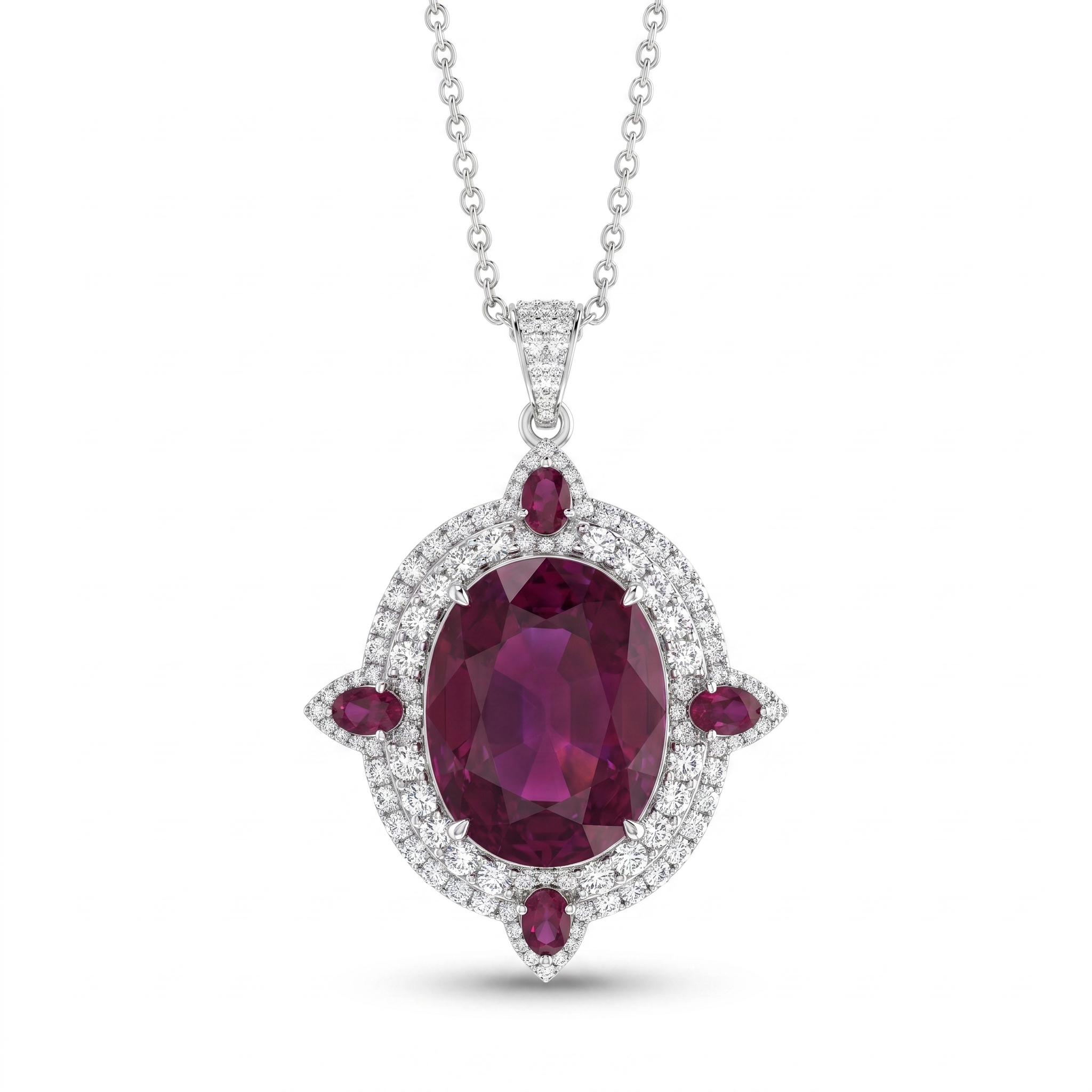 Natural Ruby & Diamond Halo Pendant in 18K White Gold | 12.72 CT Natural Ruby | 1.74 CT Natural Diamonds Main image