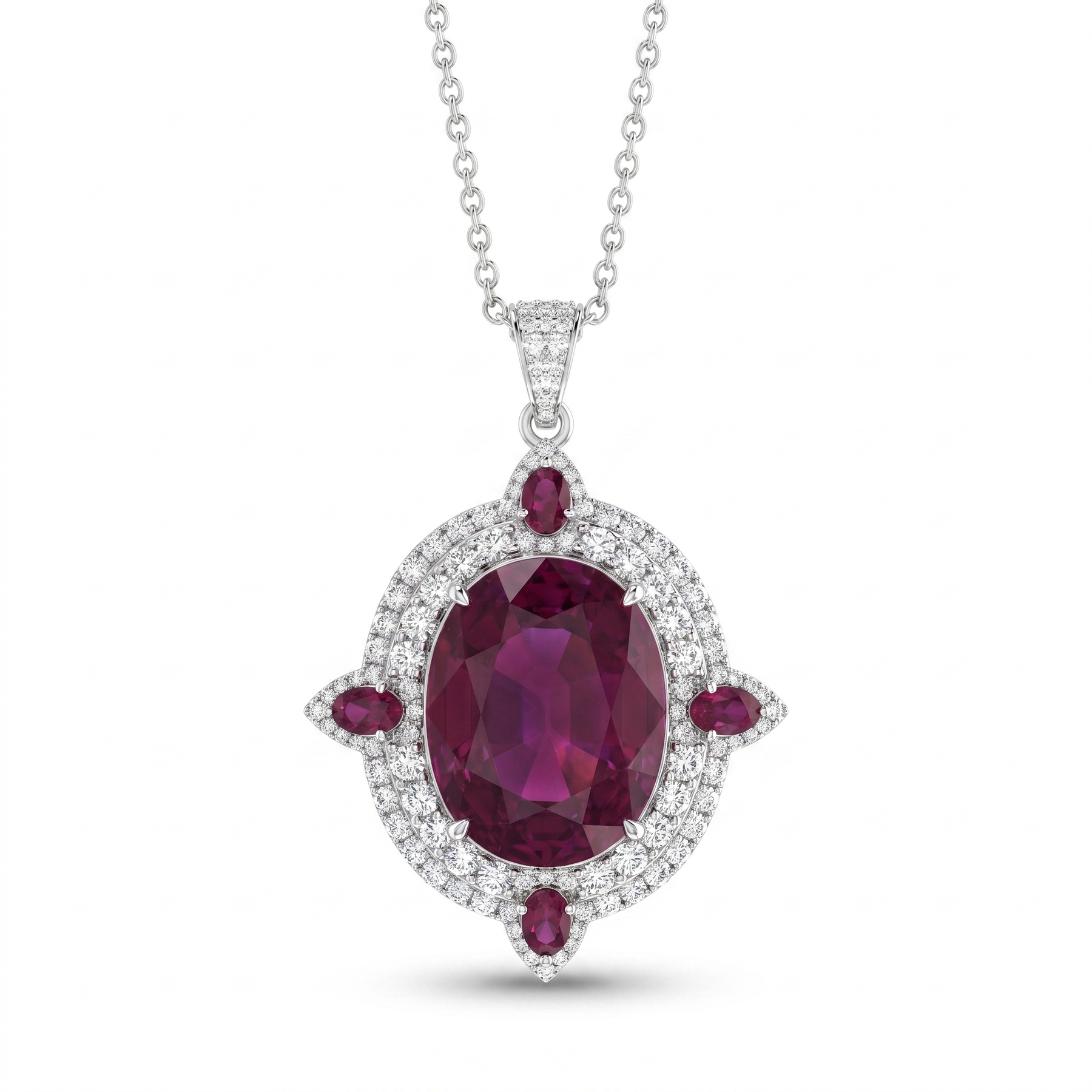 Natural Ruby & Diamond Halo Pendant in 18K White Gold | 12.72 CT Natural Ruby | 1.74 CT Natural Diamonds