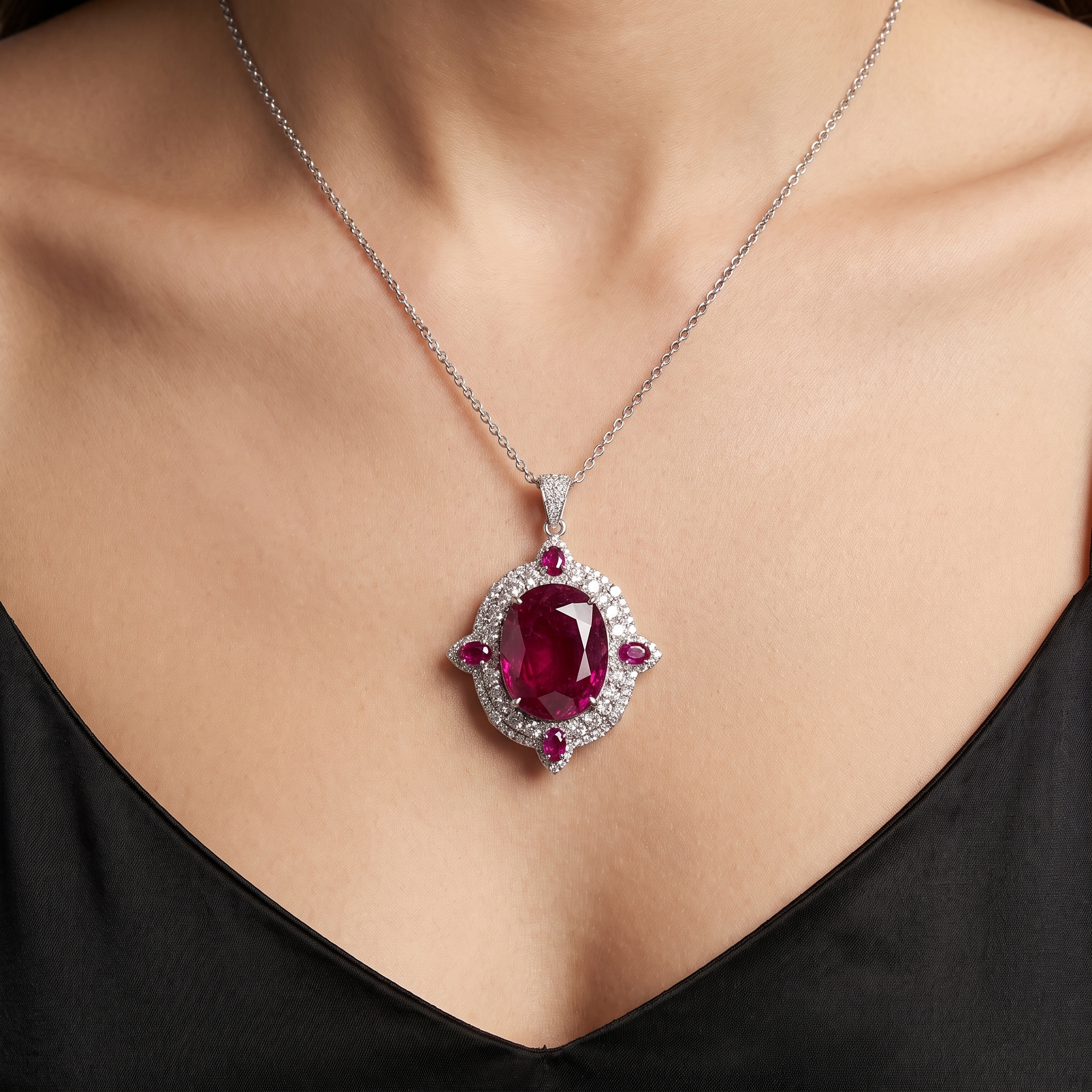 Natural Ruby & Diamond Halo Pendant in 18K White Gold | 12.72 CT Natural Ruby | 1.74 CT Natural Diamonds Secondary image