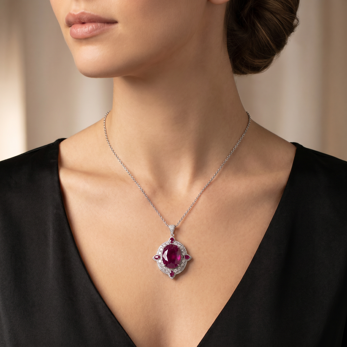 Natural Ruby & Diamond Halo Pendant in 18K White Gold | 12.72 CT Natural Ruby | 1.74 CT Natural Diamonds