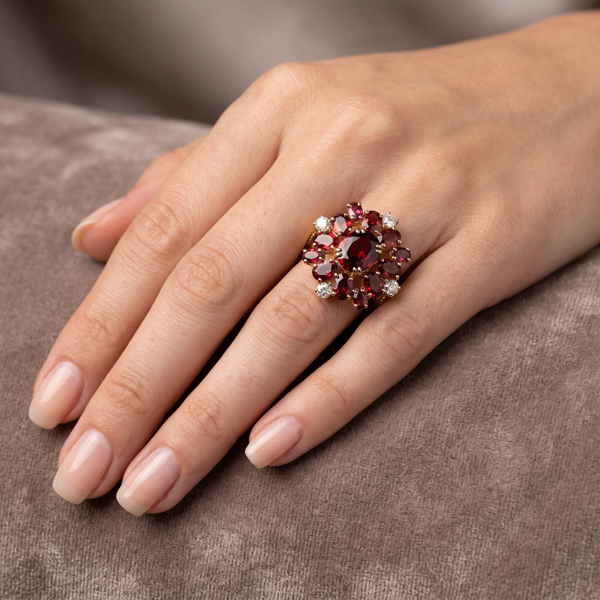 Natural Garnet & Diamond Statement Ring in 18K Yellow Gold | 3.13 CT Natural Diamonds | Natural Garnets Secondary image