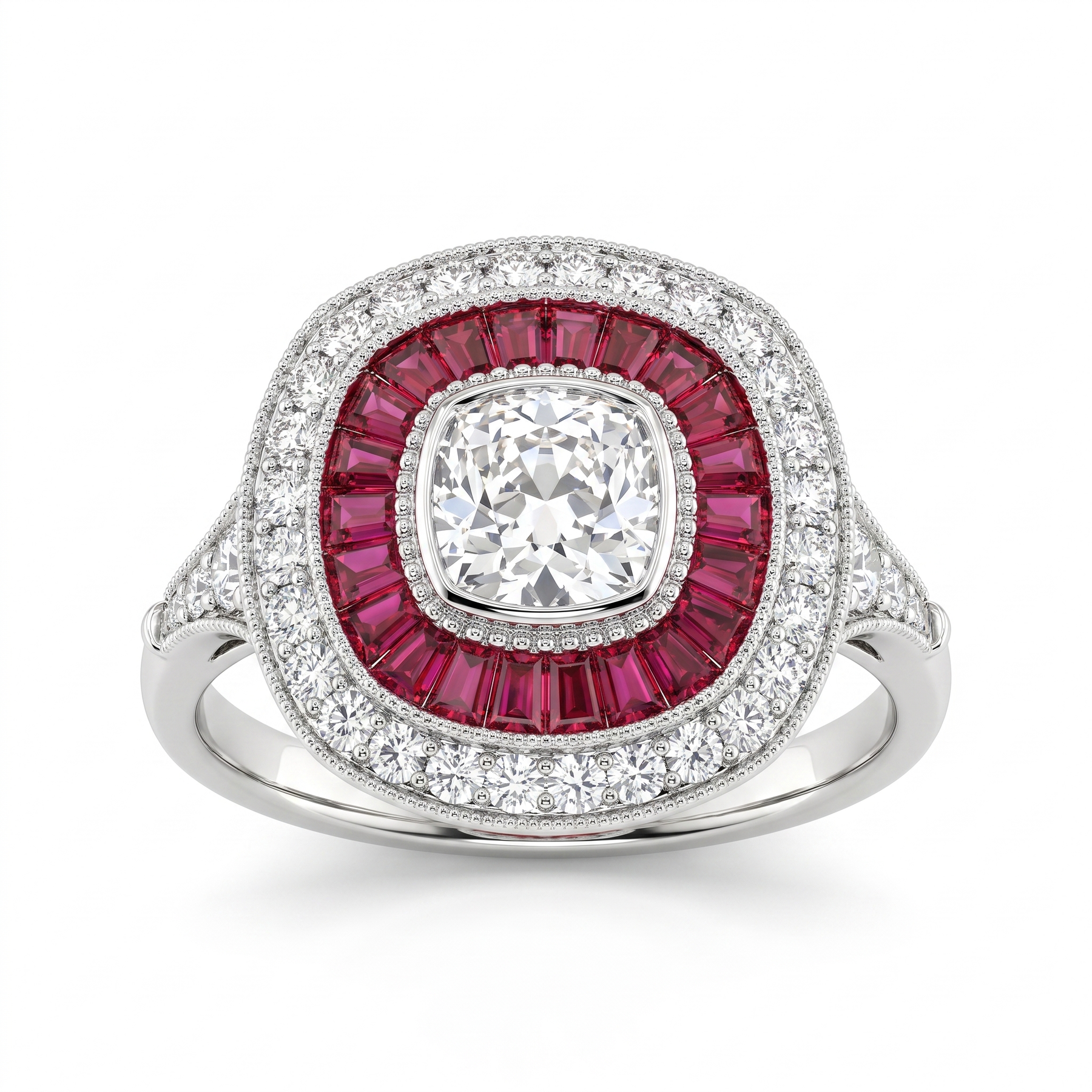 Natural Diamond & Ruby Halo Ring in 18K White Gold | 1.52 CT Natural Diamonds | Natural Rubies