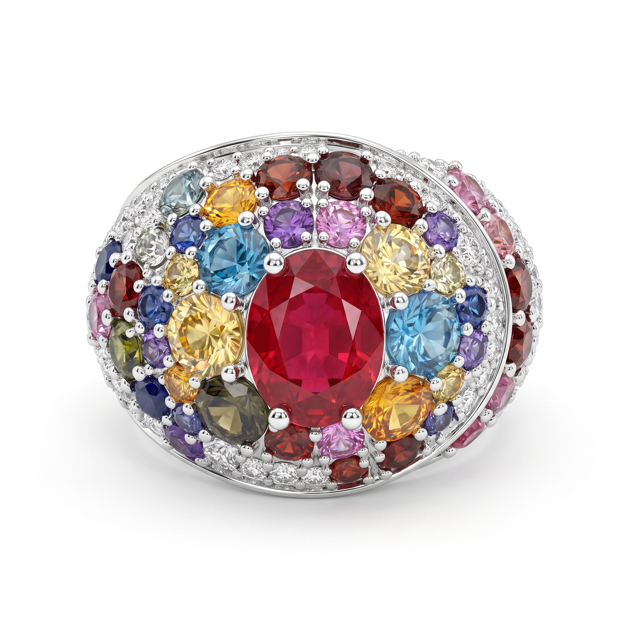 Natural Multi-Gemstone & Diamond Cocktail Ring | 3.39 CT Natural Gemstones | 5.57 CT Natural Diamonds | 18K White Gold | Saleh Sallom Main image
