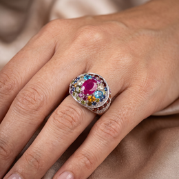 Natural Multi-Gemstone & Diamond Cocktail Ring in 18K White Gold | 5.62 CT Natural Diamonds | Natural Multi-Gemstones