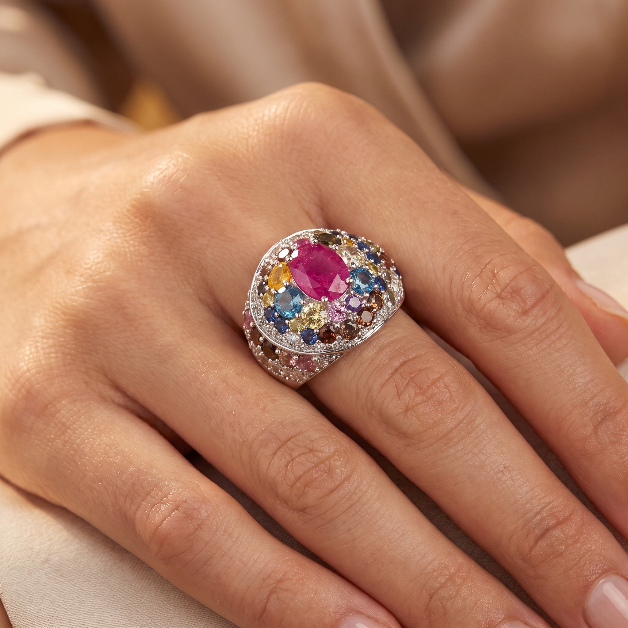 Natural Multi-Gemstone & Diamond Cocktail Ring | 3.39 CT Natural Gemstones | 5.57 CT Natural Diamonds | 18K White Gold | Saleh Sallom Secondary image
