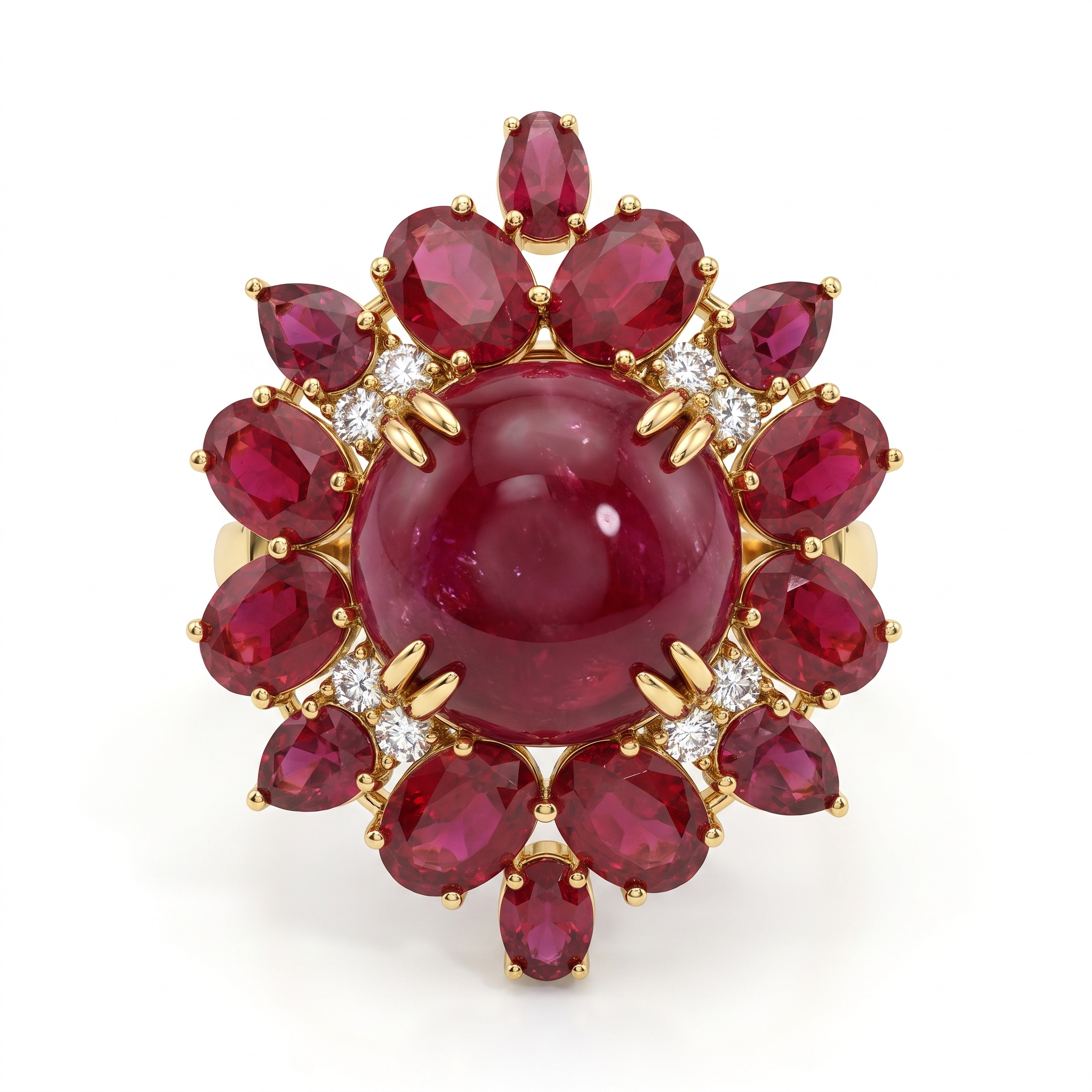 Natural Ruby & Diamond Halo Ring in 18K Yellow Gold | 0.50 CT Natural Diamonds | Natural Ruby Cabochon Main image