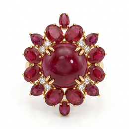 Natural Ruby & Diamond Halo Ring in 18K Yellow Gold | 0.50 CT Natural Diamonds | Natural Ruby Cabochon