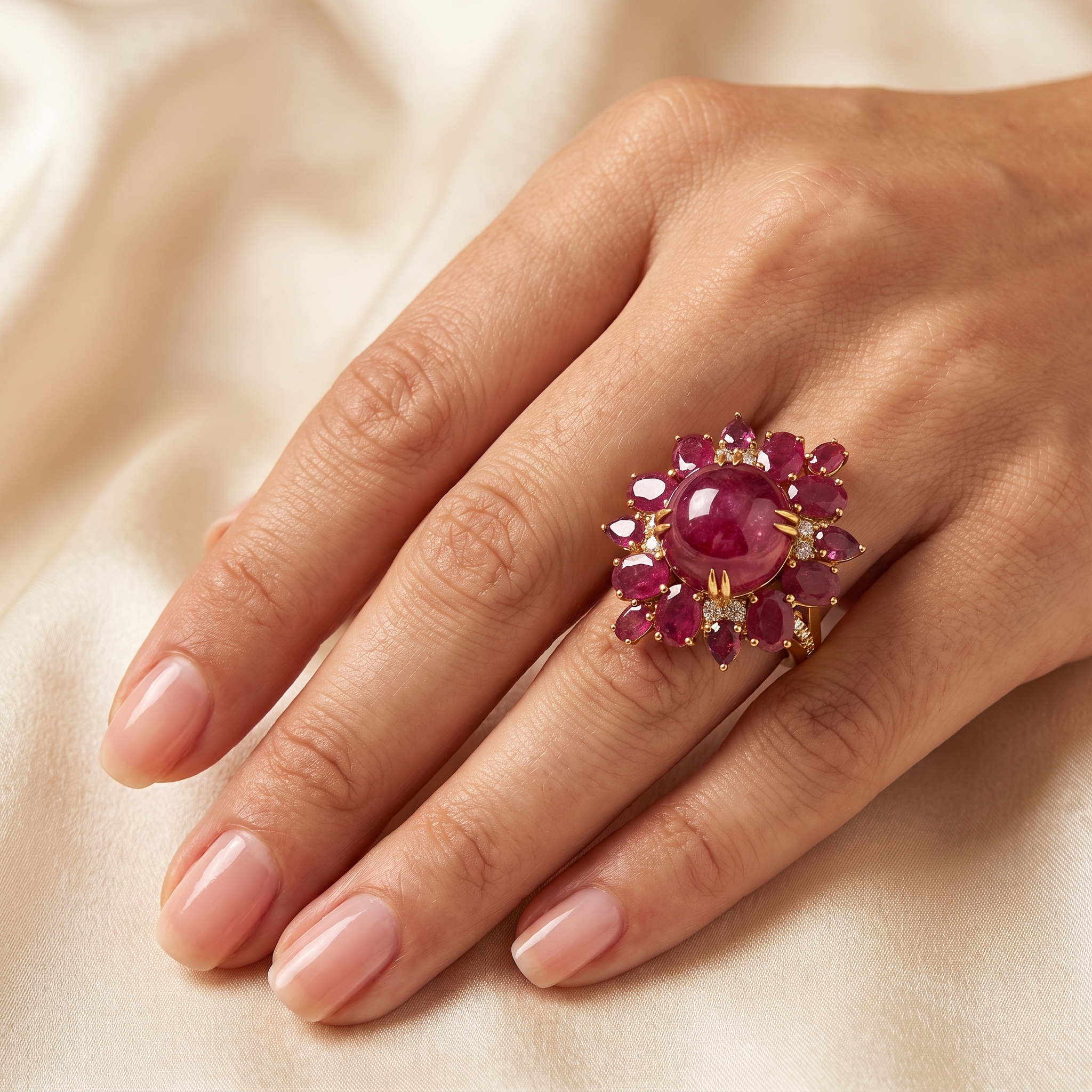 Natural Ruby & Diamond Halo Ring in 18K Yellow Gold | 0.50 CT Natural Diamonds | Natural Ruby Cabochon Secondary image