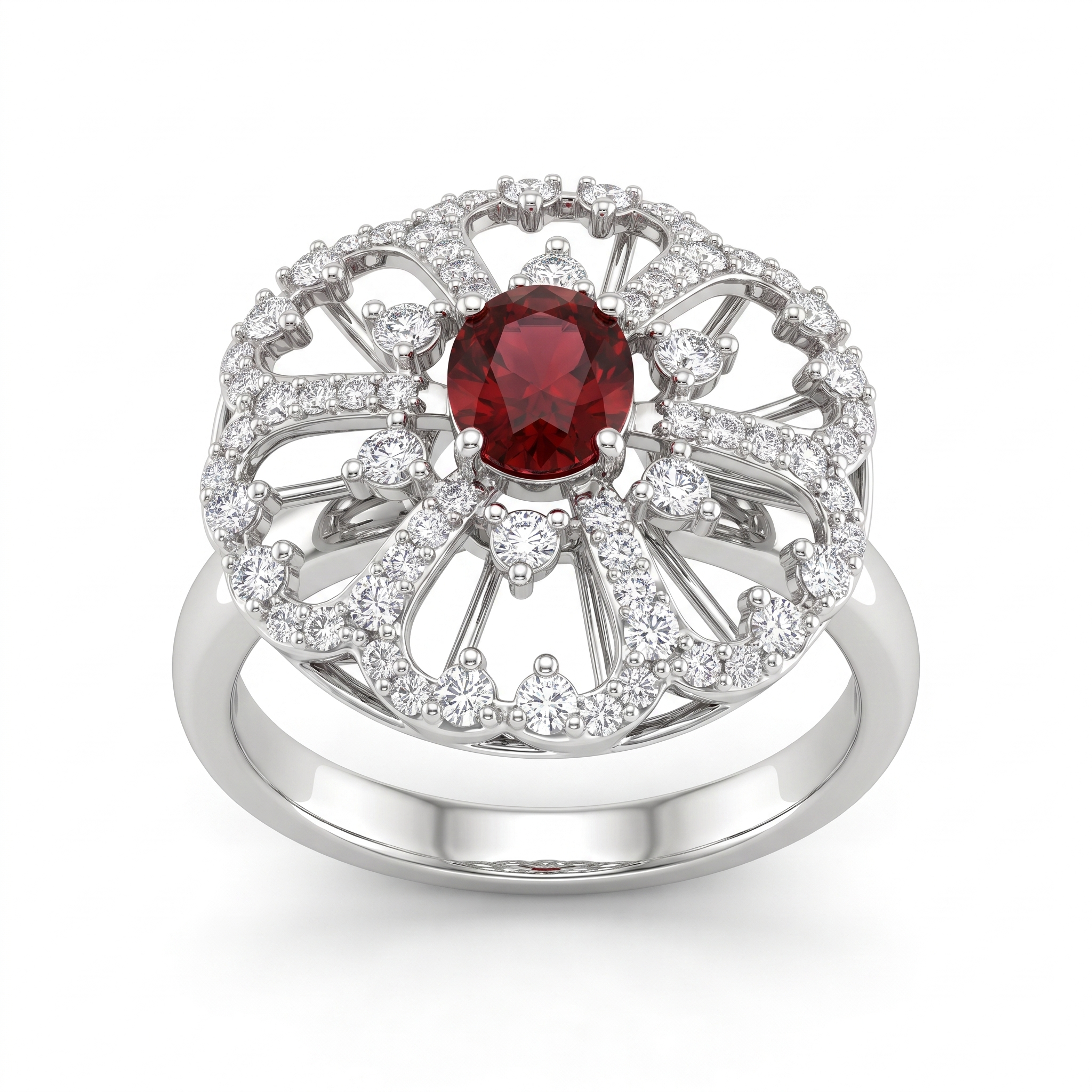 Natural Ruby & Diamond Floral Ring in 18K White Gold | 0.79 CT Natural Diamonds | Natural Ruby Centre Main image