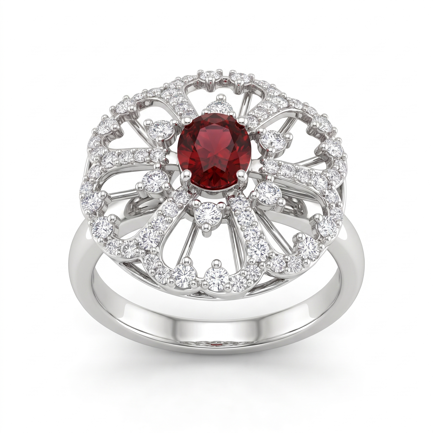Natural Ruby & Diamond Floral Ring in 18K White Gold | 0.79 CT Natural Diamonds | Natural Ruby Centre