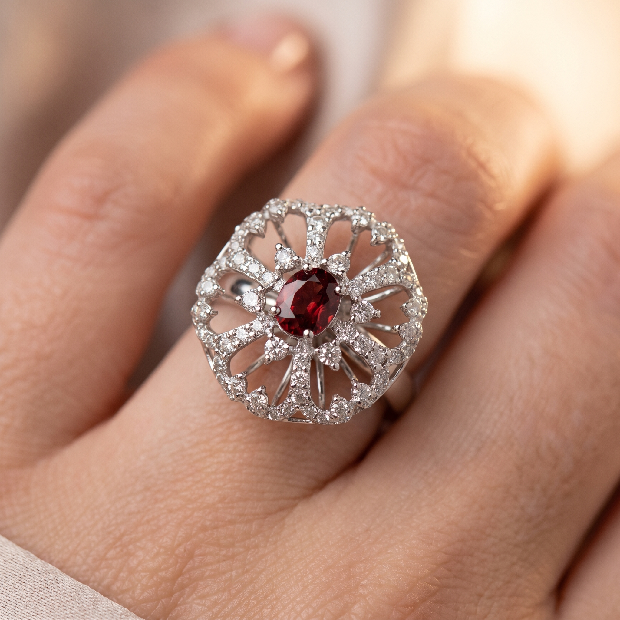 Natural Ruby & Diamond Floral Ring in 18K White Gold | 0.79 CT Natural Diamonds | Natural Ruby Centre Secondary image