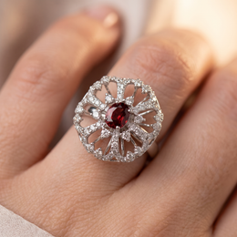 Natural Ruby & Diamond Floral Ring in 18K White Gold | 0.79 CT Natural Diamonds | Natural Ruby Centre