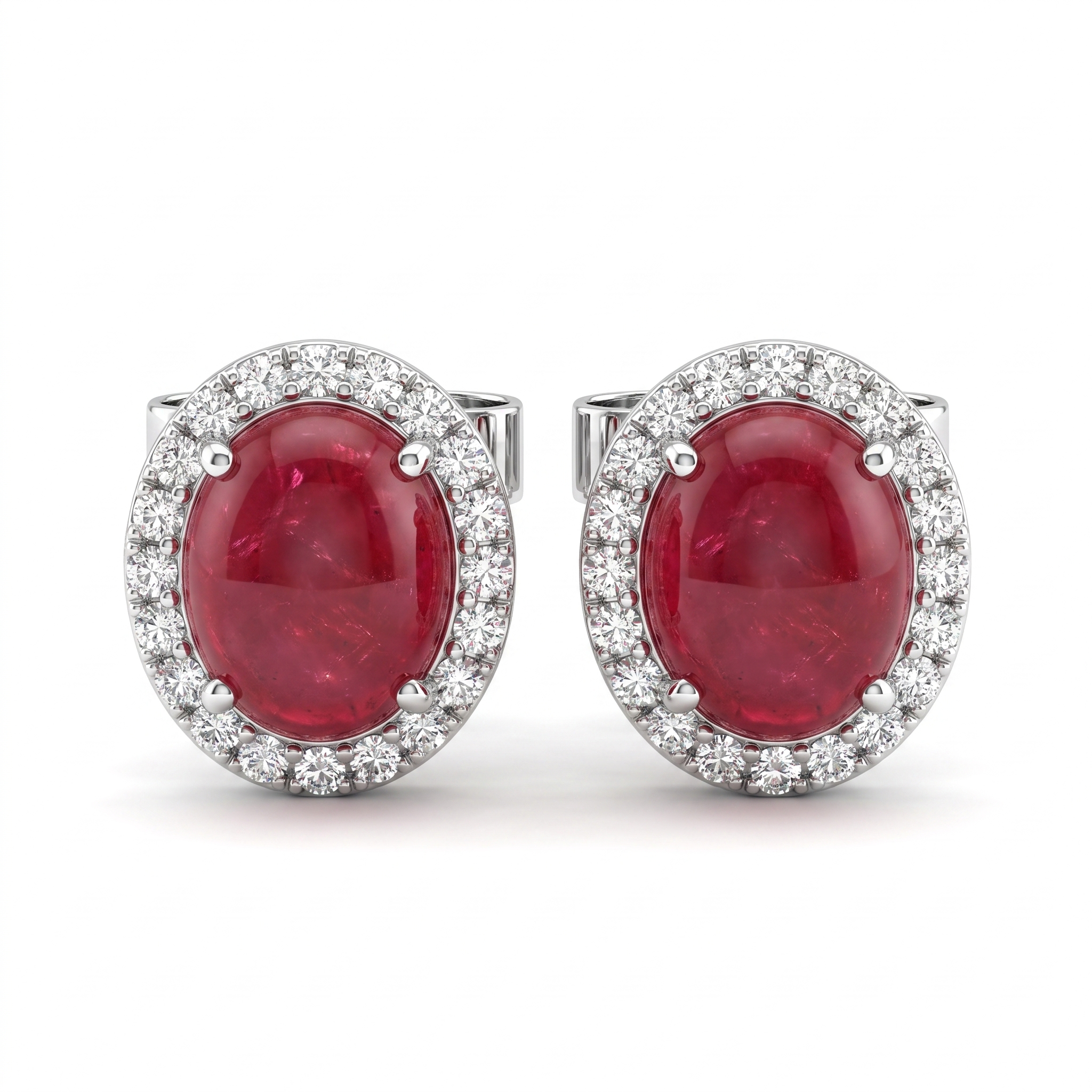 Natural Ruby Cabochon & Diamond Halo Stud Earrings in 18K White Gold | 6.63 CT Natural Diamonds Main image