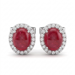 Natural Ruby Cabochon & Diamond Halo Stud Earrings in 18K White Gold | 6.63 CT Natural Diamonds