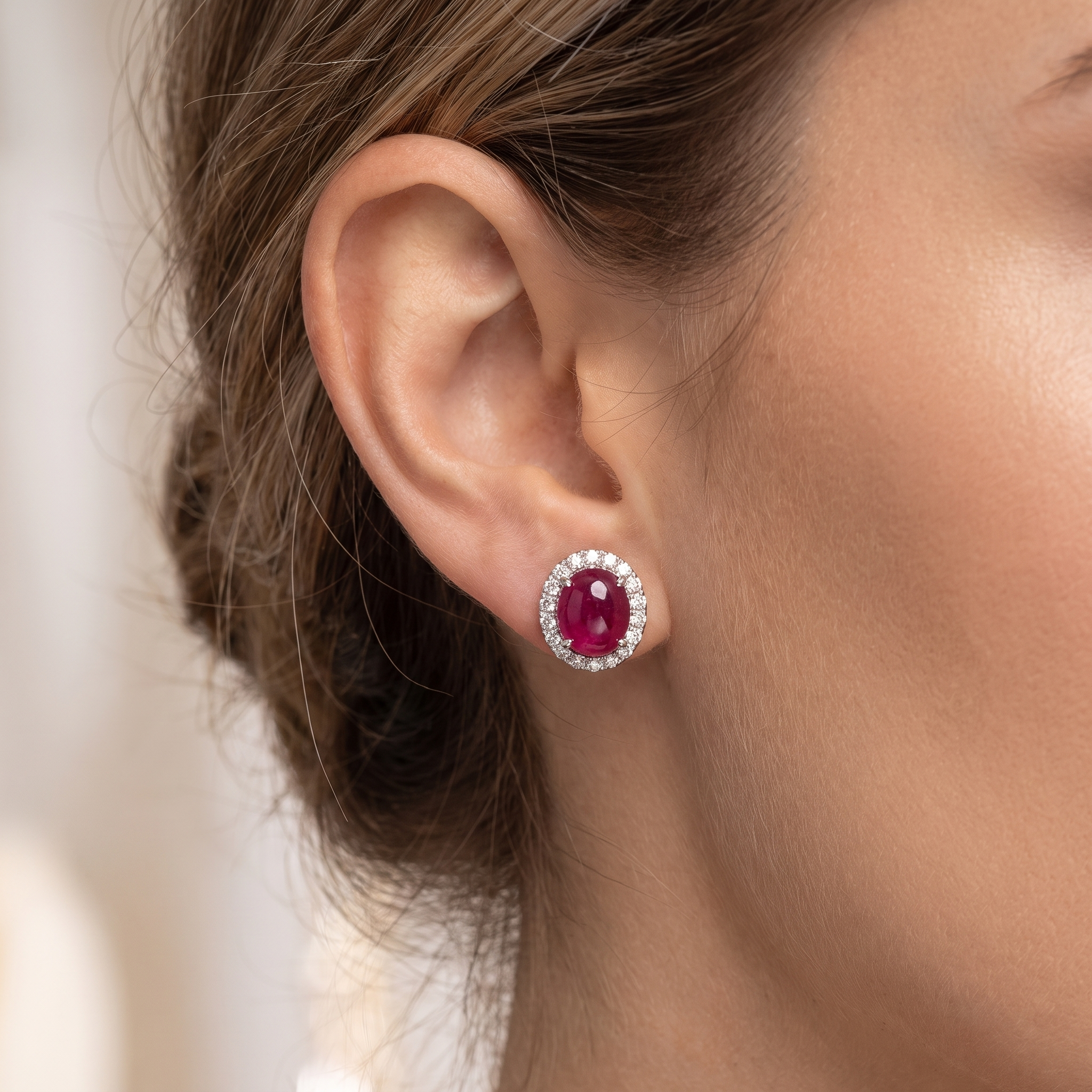 Natural Ruby Cabochon & Diamond Halo Stud Earrings in 18K White Gold | 6.63 CT Natural Diamonds Secondary image