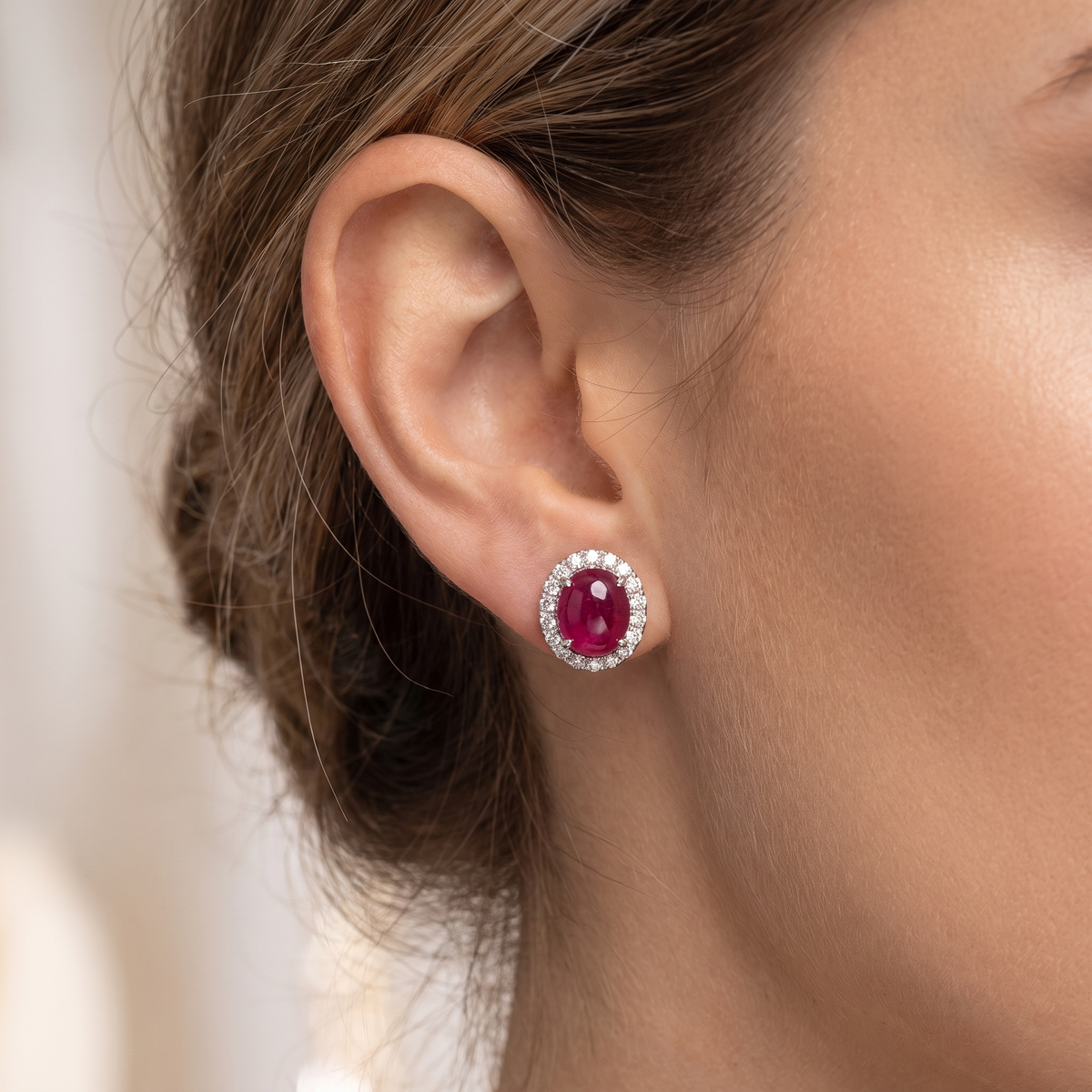Natural Ruby Cabochon & Diamond Halo Stud Earrings in 18K White Gold | 6.63 CT Natural Diamonds