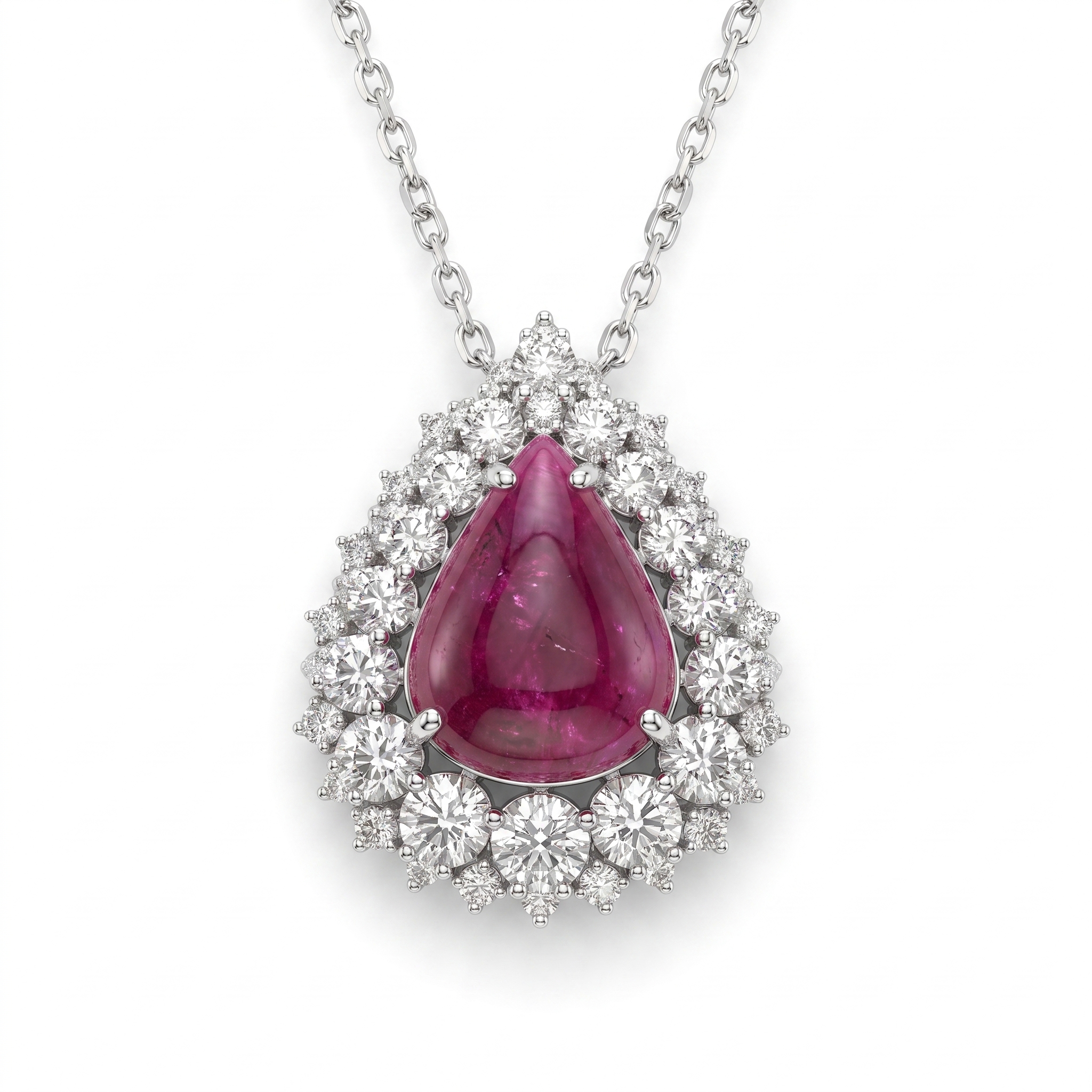 Natural Ruby Cabochon & Diamond Halo Pendant in 18K White Gold | 1.13 CT Natural Diamonds | IGI Certified Main image