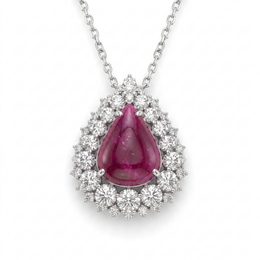 Natural Ruby Cabochon & Diamond Halo Pendant in 18K White Gold | 1.13 CT Natural Diamonds | IGI Certified