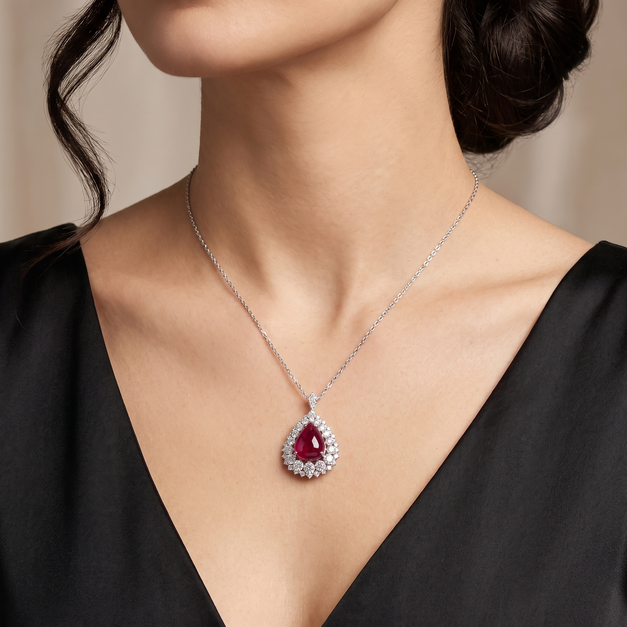 Natural Ruby Cabochon & Diamond Halo Pendant in 18K White Gold | 1.13 CT Natural Diamonds | IGI Certified Secondary image