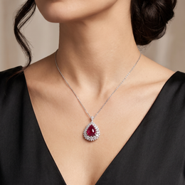 Natural Ruby Cabochon & Diamond Halo Pendant in 18K White Gold | 1.13 CT Natural Diamonds | IGI Certified