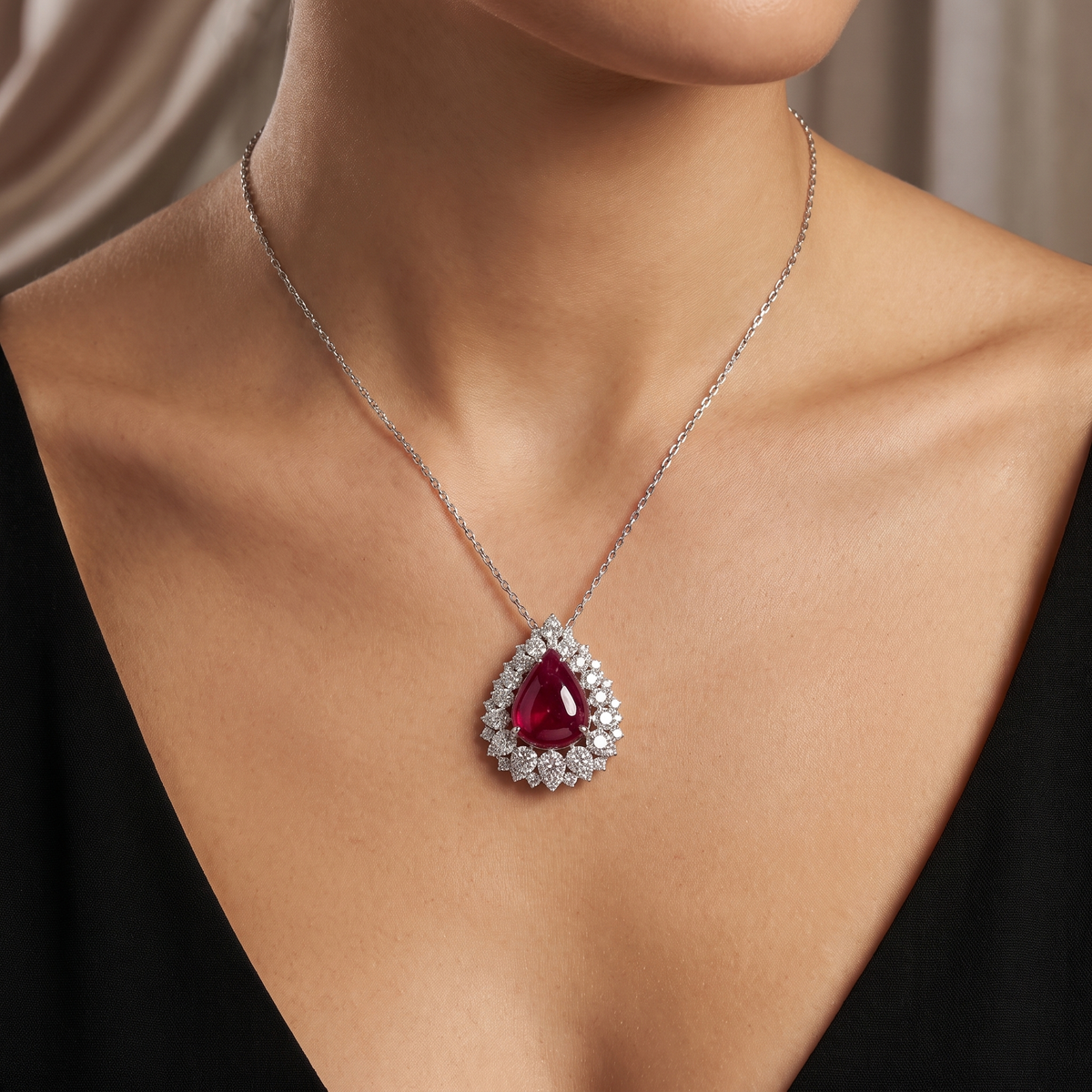 Natural Ruby Cabochon & Diamond Halo Pendant in 18K White Gold | 1.13 CT Natural Diamonds | IGI Certified